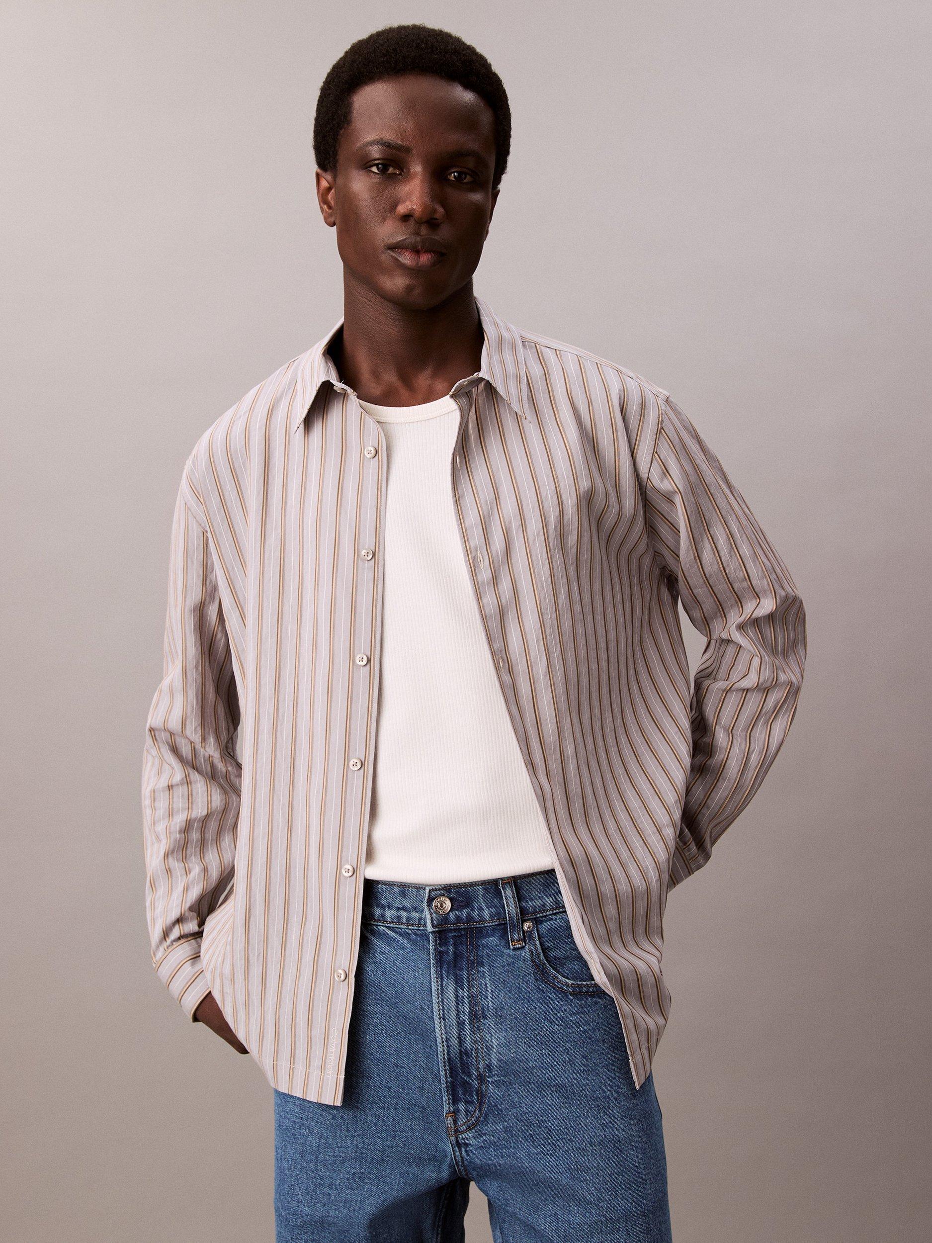 Product image 1 of 5, which shows Calvin Klein Stripe Long Sleeve Button Shirt, Moonstruck, L