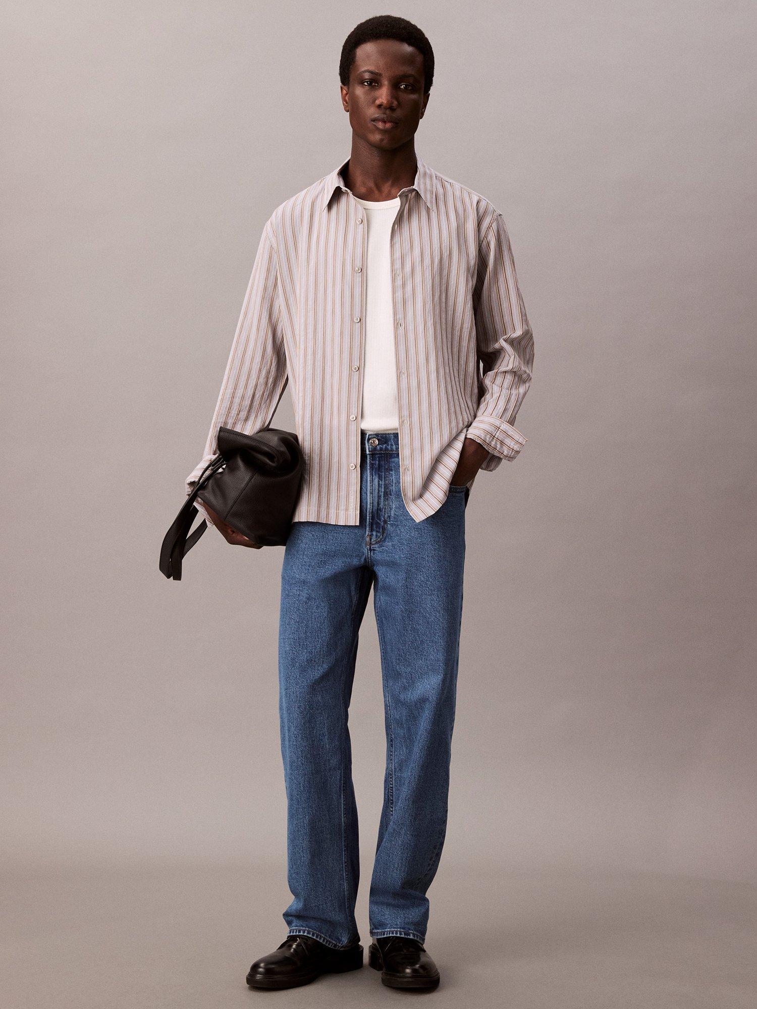 Product image 3 of 5, which shows Calvin Klein Stripe Long Sleeve Button Shirt, Moonstruck, L