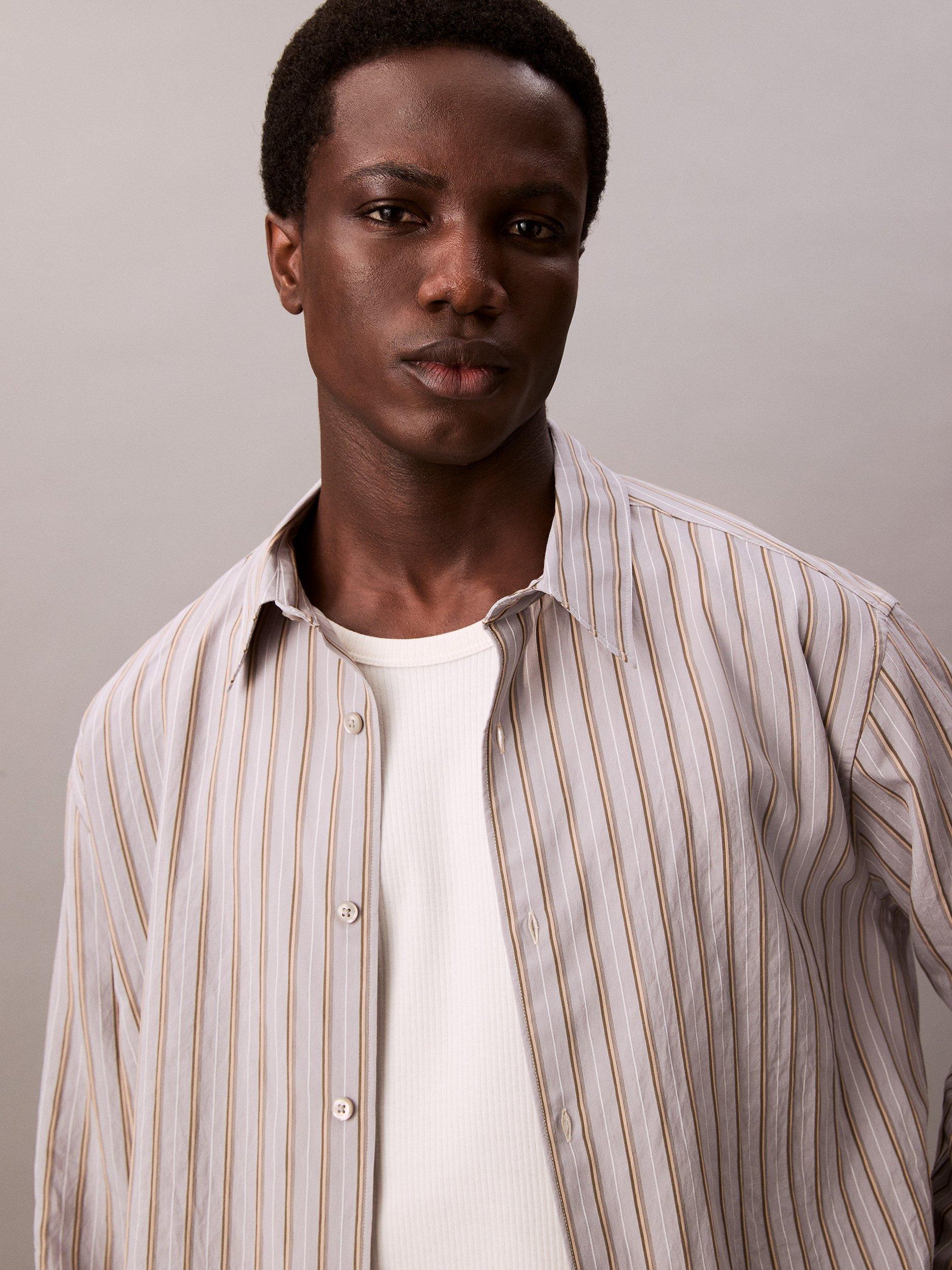 Product image 5 of 5, which shows Calvin Klein Stripe Long Sleeve Button Shirt, Moonstruck, L