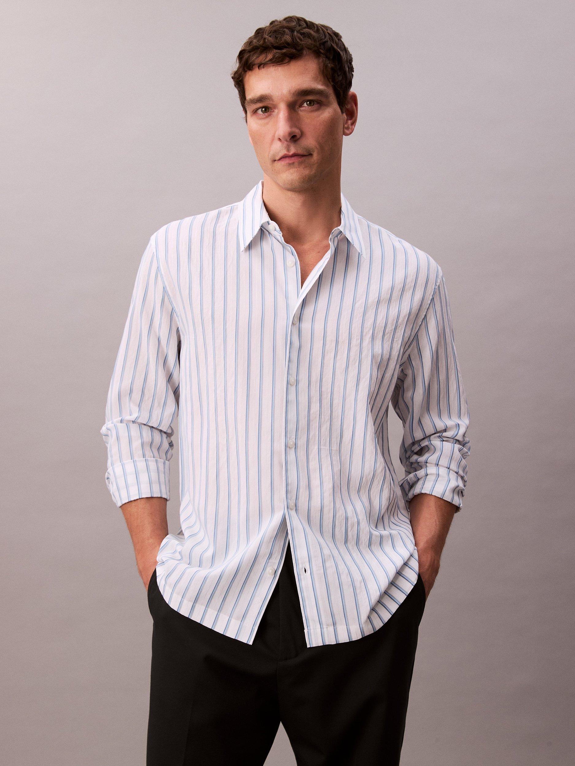 Product image 1 of 5, which shows Calvin Klein Stripe Long Sleeve Button Shirt, Brilliant White, XS