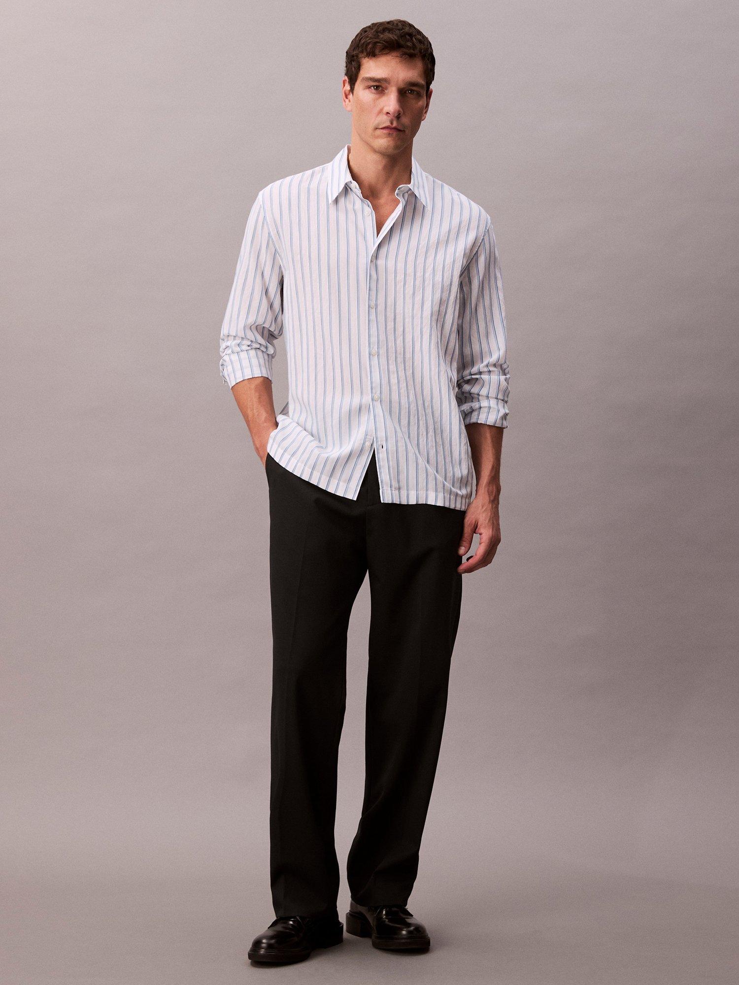 Product image 3 of 5, which shows Calvin Klein Stripe Long Sleeve Button Shirt, Brilliant White, XS