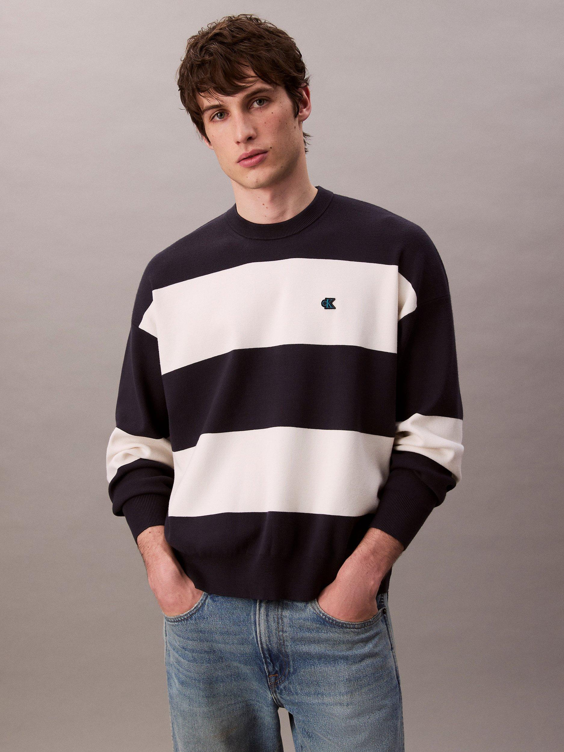Product image 1 of 5, which shows Calvin Klein Stripe Crew Neck Long Sleeve Jumper, Night Sky, L