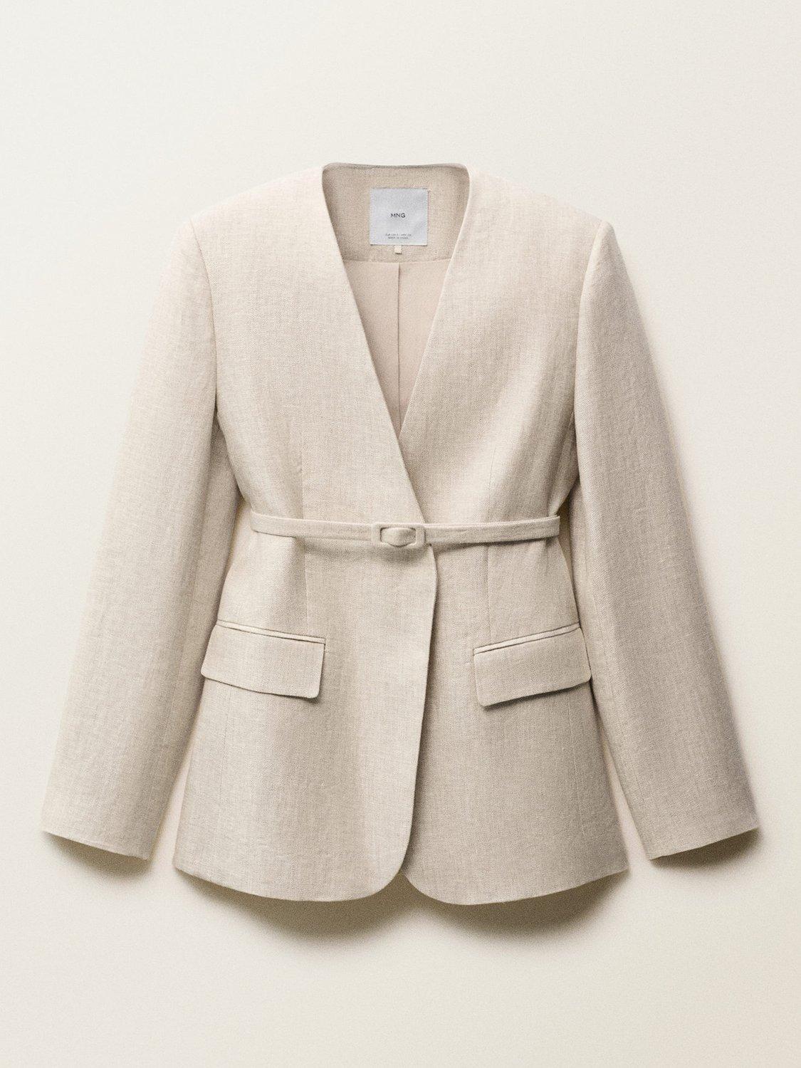Product image 3 of 8, which shows Mango Margarit Belted Linen Suit Blazer, Beige, L