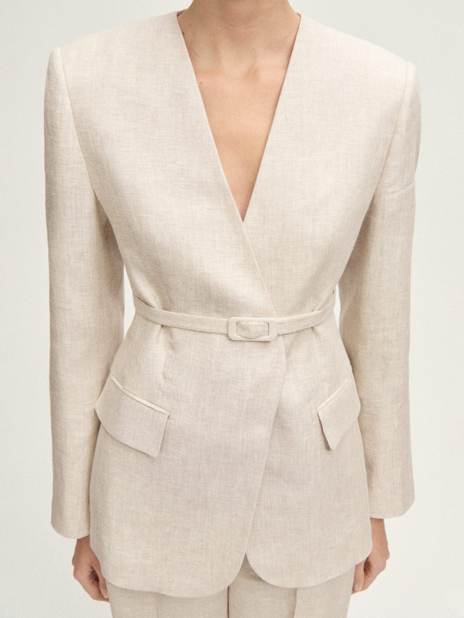 Product image 6 of 8, which shows Mango Margarit Belted Linen Suit Blazer, Beige, L