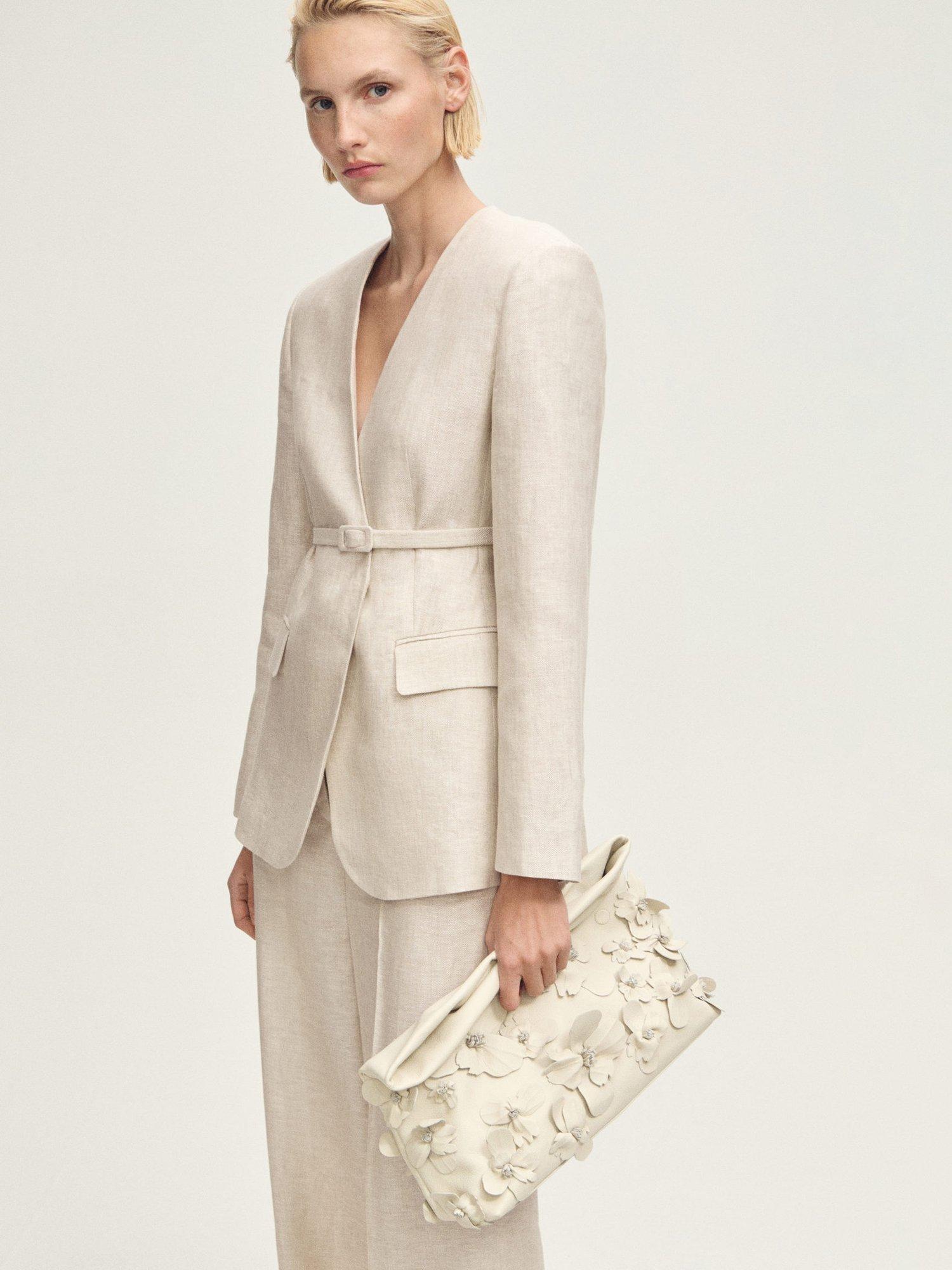 Product image 7 of 8, which shows Mango Margarit Belted Linen Suit Blazer, Beige, L