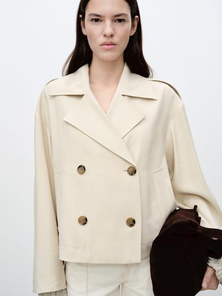 Mango Dua Double-Breasted Lapelled Jacket, Beige