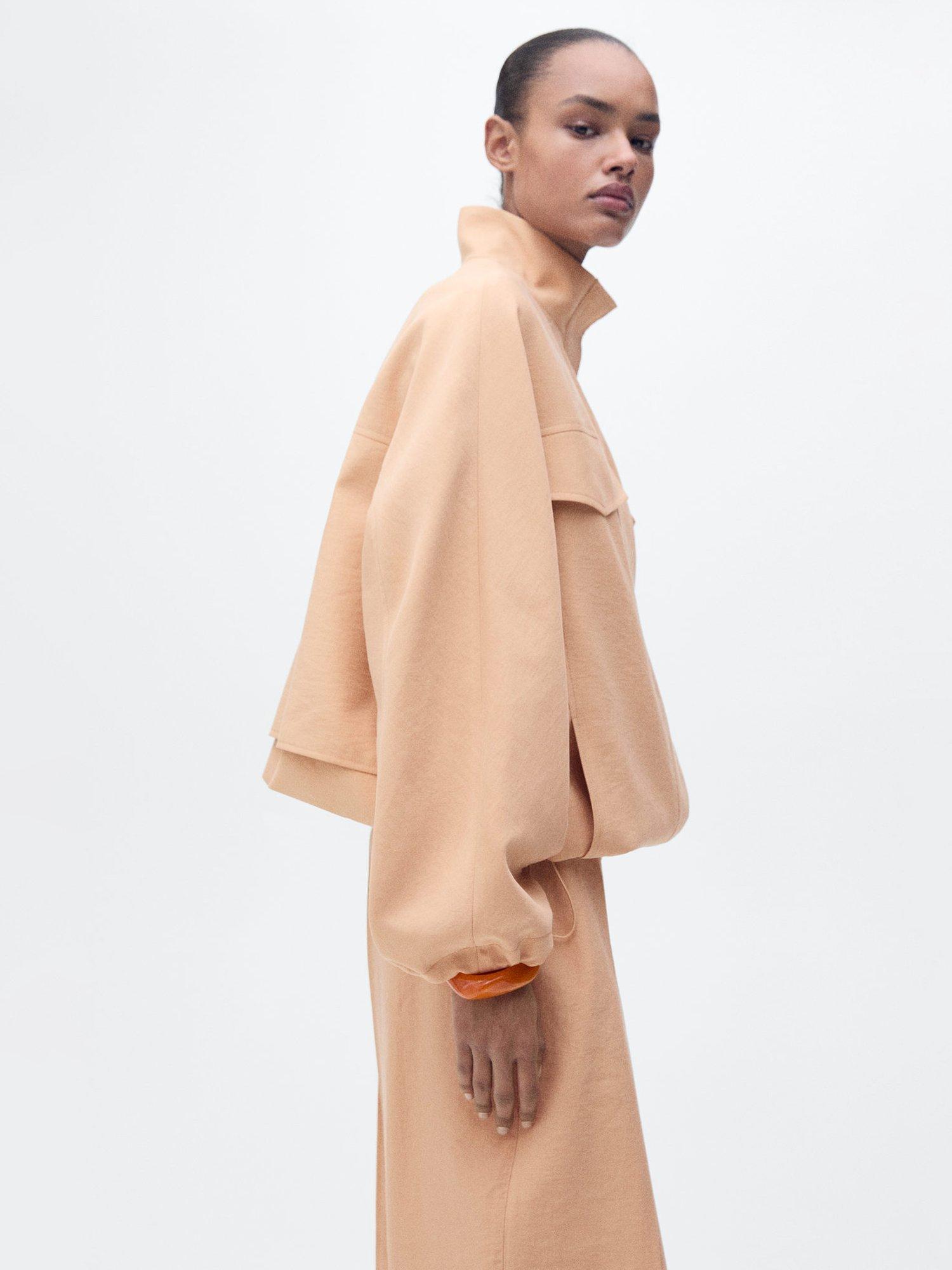 Product image 1 of 8, which shows Mango Madame Gathered Hem Turtleneck Oversized Lyocell Jacket, Pink Brown, L