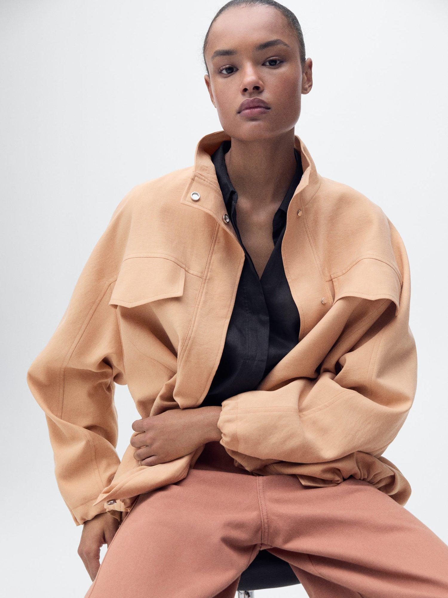 Product image 6 of 8, which shows Mango Madame Gathered Hem Turtleneck Oversized Lyocell Jacket, Pink Brown, L