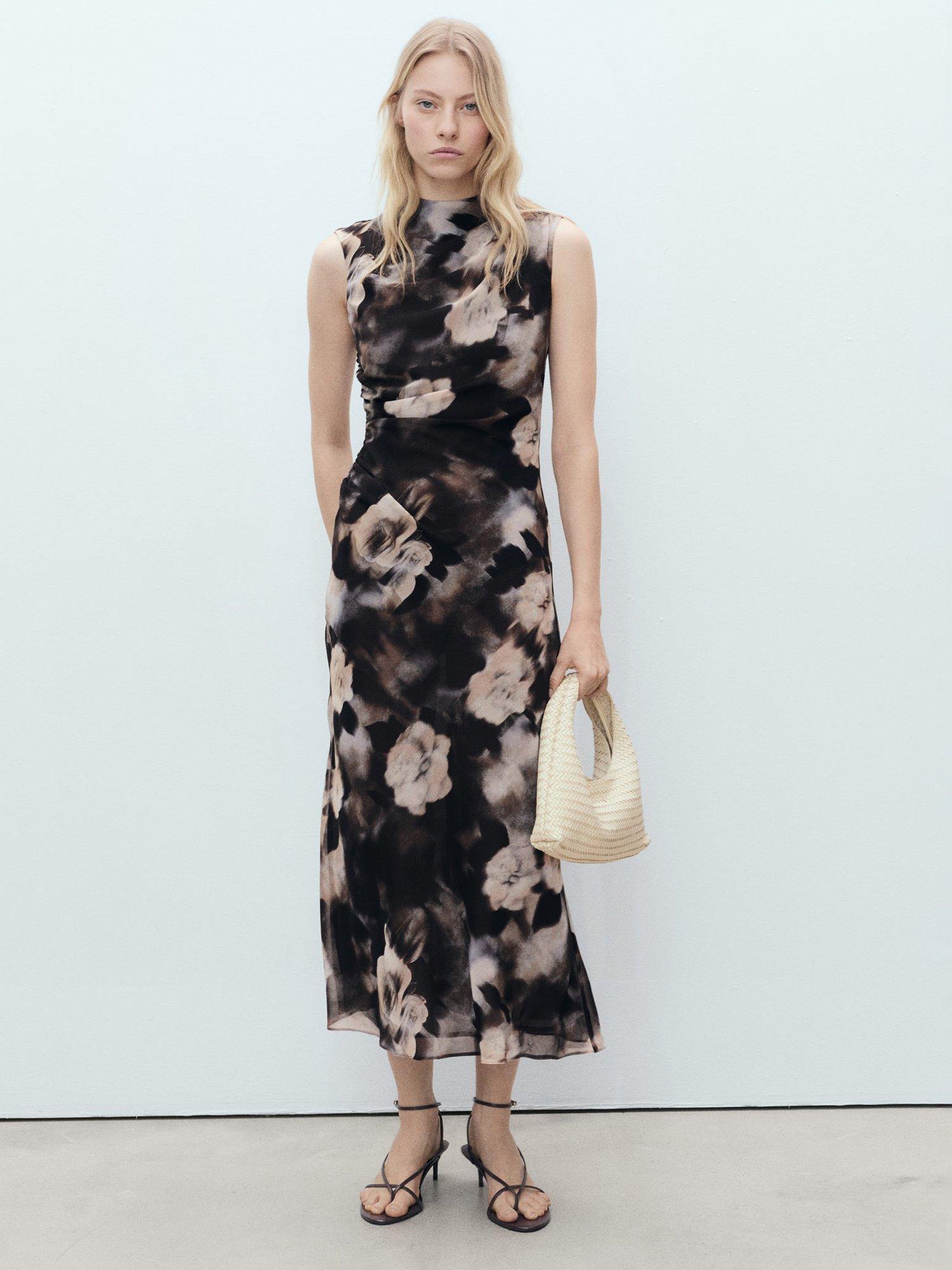 Product image 1 of 6, which shows Mango Giada Floral Drape Gauze Dress, Brown, 10