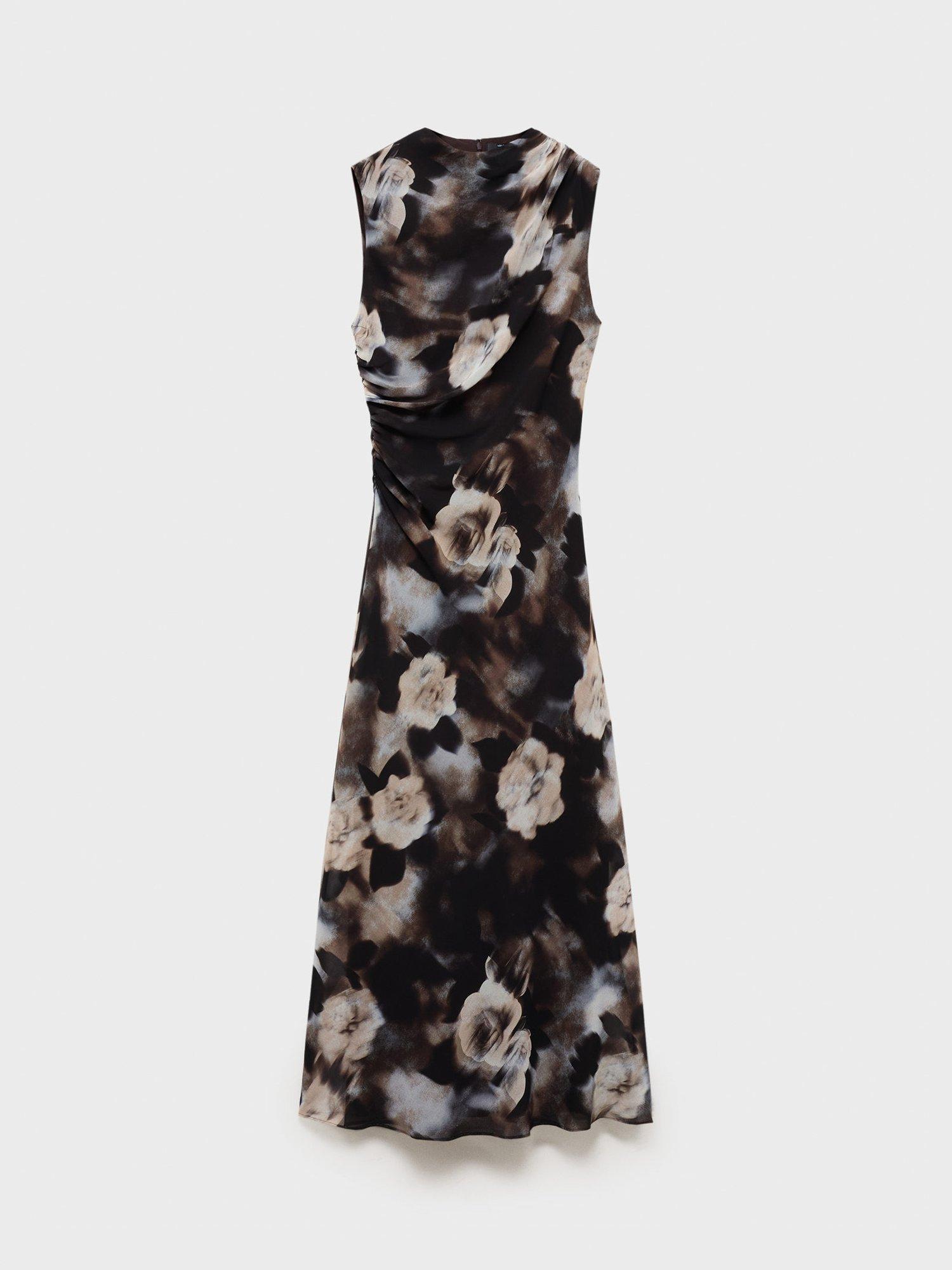 Product image 3 of 6, which shows Mango Giada Floral Drape Gauze Dress, Brown, 10