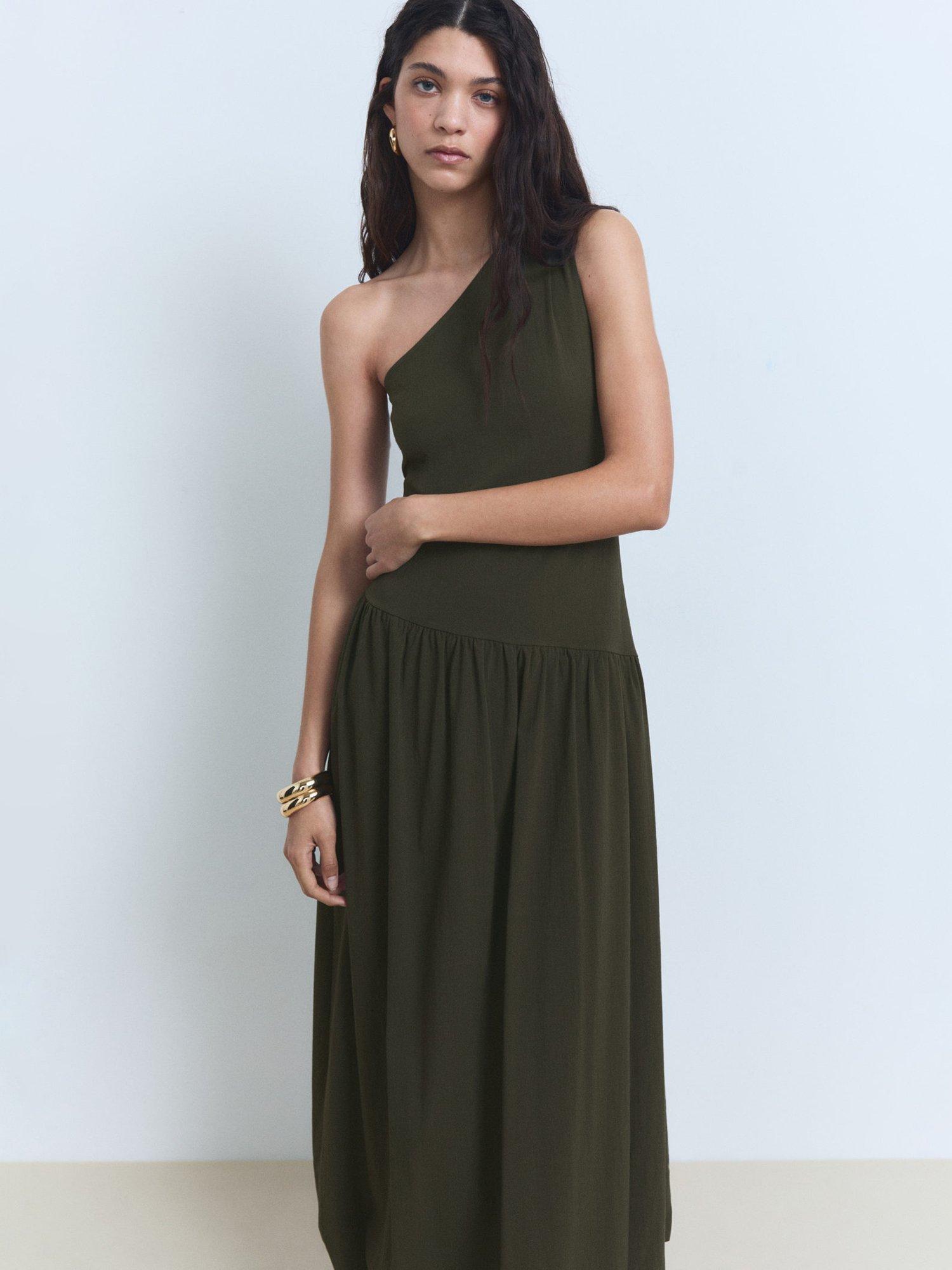 Mango Pelican One Shoulder Maxi Dress, Khaki