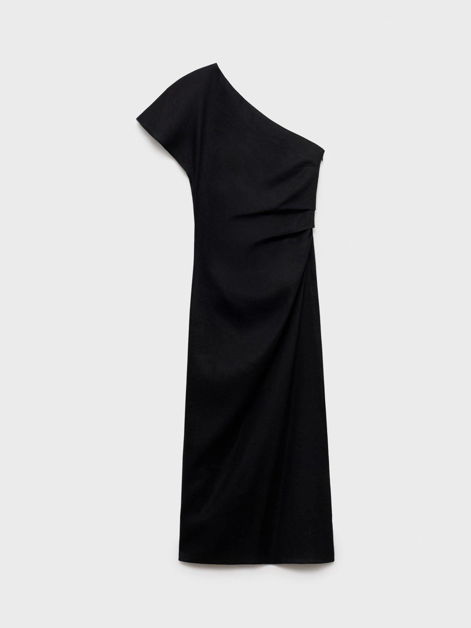 Product image 3 of 8, which shows Mango Rachel Linen One Shoulder Midi Dress, Black, 10