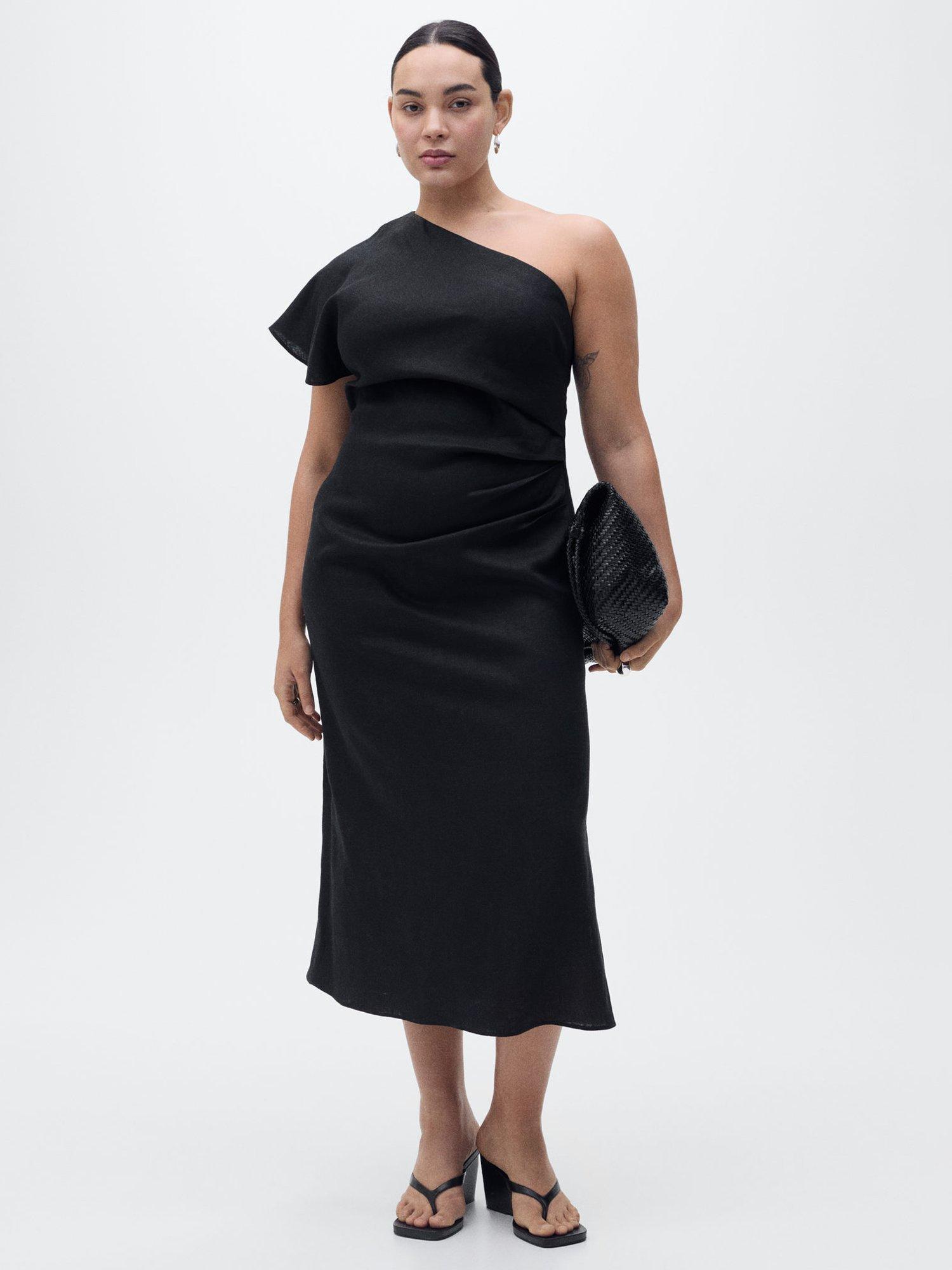 Product image 7 of 8, which shows Mango Rachel Linen One Shoulder Midi Dress, Black, 10