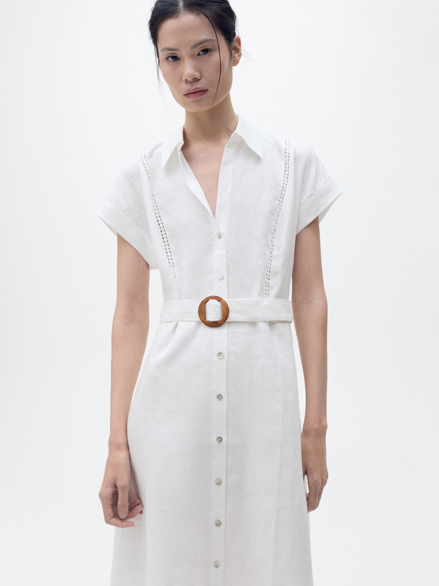Product image 1 of 7, which shows Mango Sara Cotton Button Front Shirt Dress, White, 12
