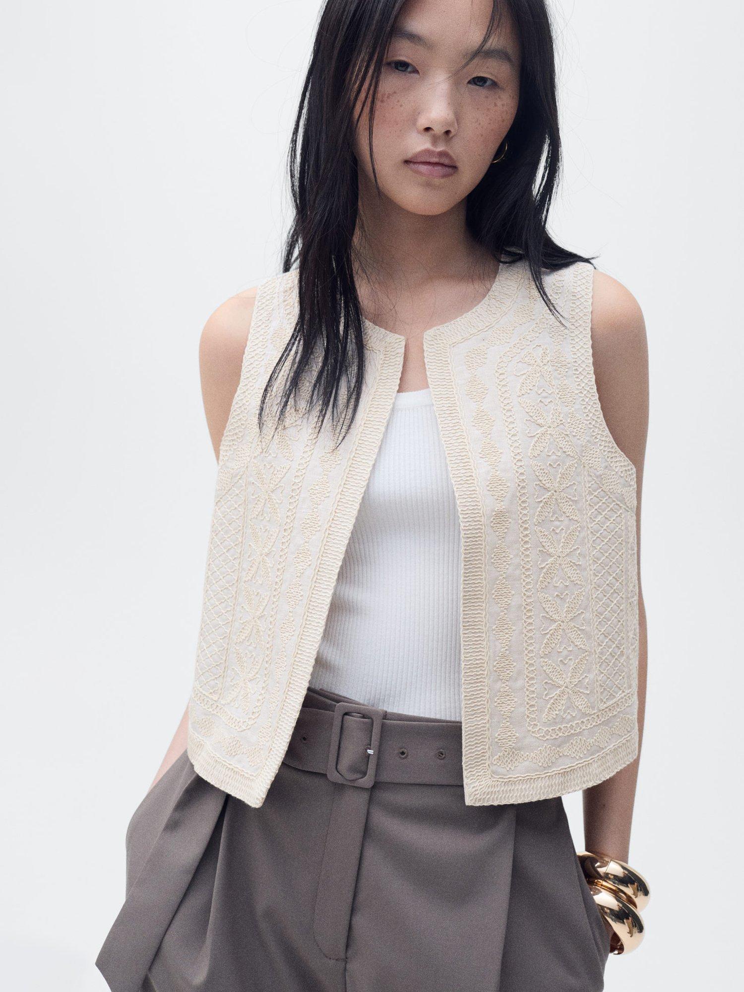 Product image 1 of 8, which shows Mango Linen Cotton Blend Broidery Waistcoat, Cream, L