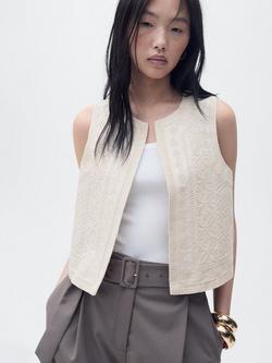 Mango Linen Cotton Blend Broidery Waistcoat, Cream, Cream