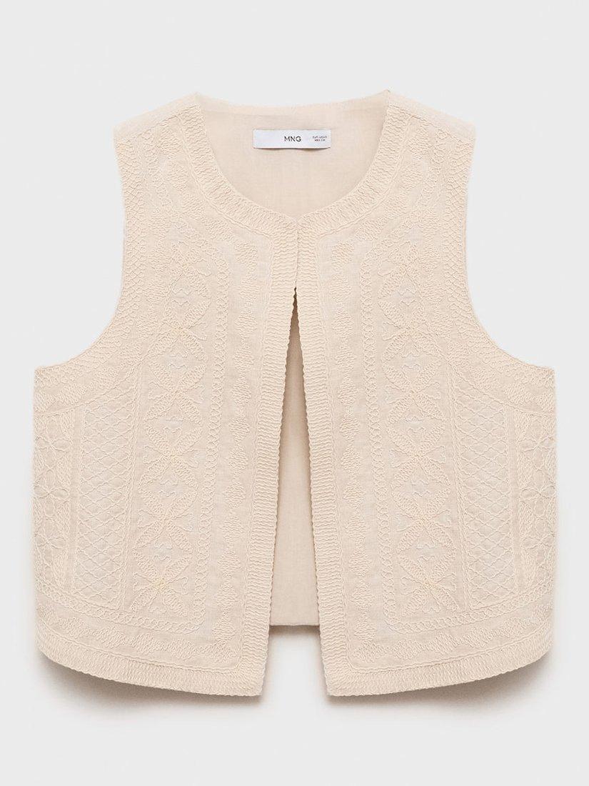 Product image 3 of 8, which shows Mango Linen Cotton Blend Broidery Waistcoat, Cream, L