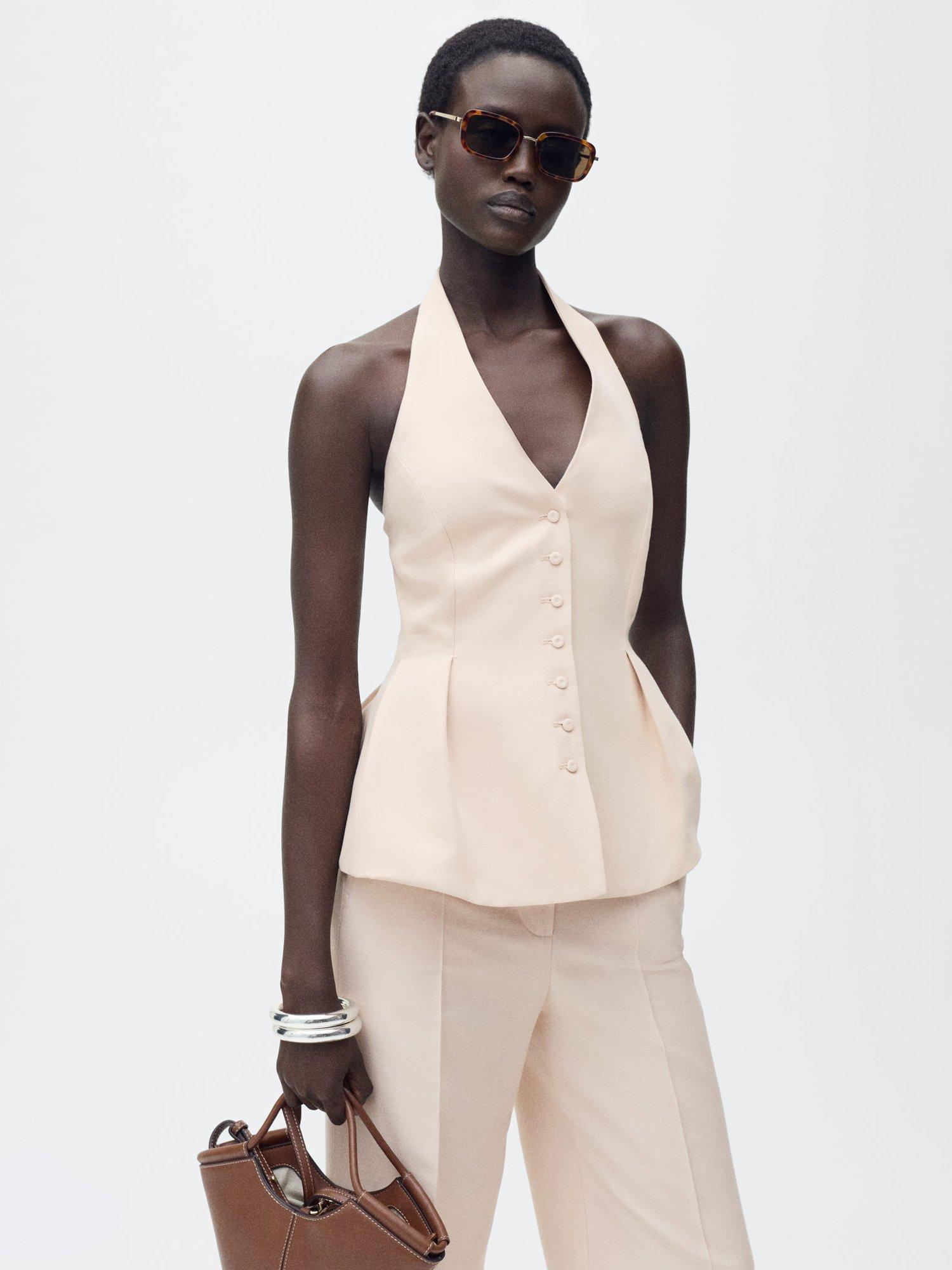 Product image 2 of 9, which shows Mango Miso Pleat Halterneck Waistcoat, Light Pink, 5XL
