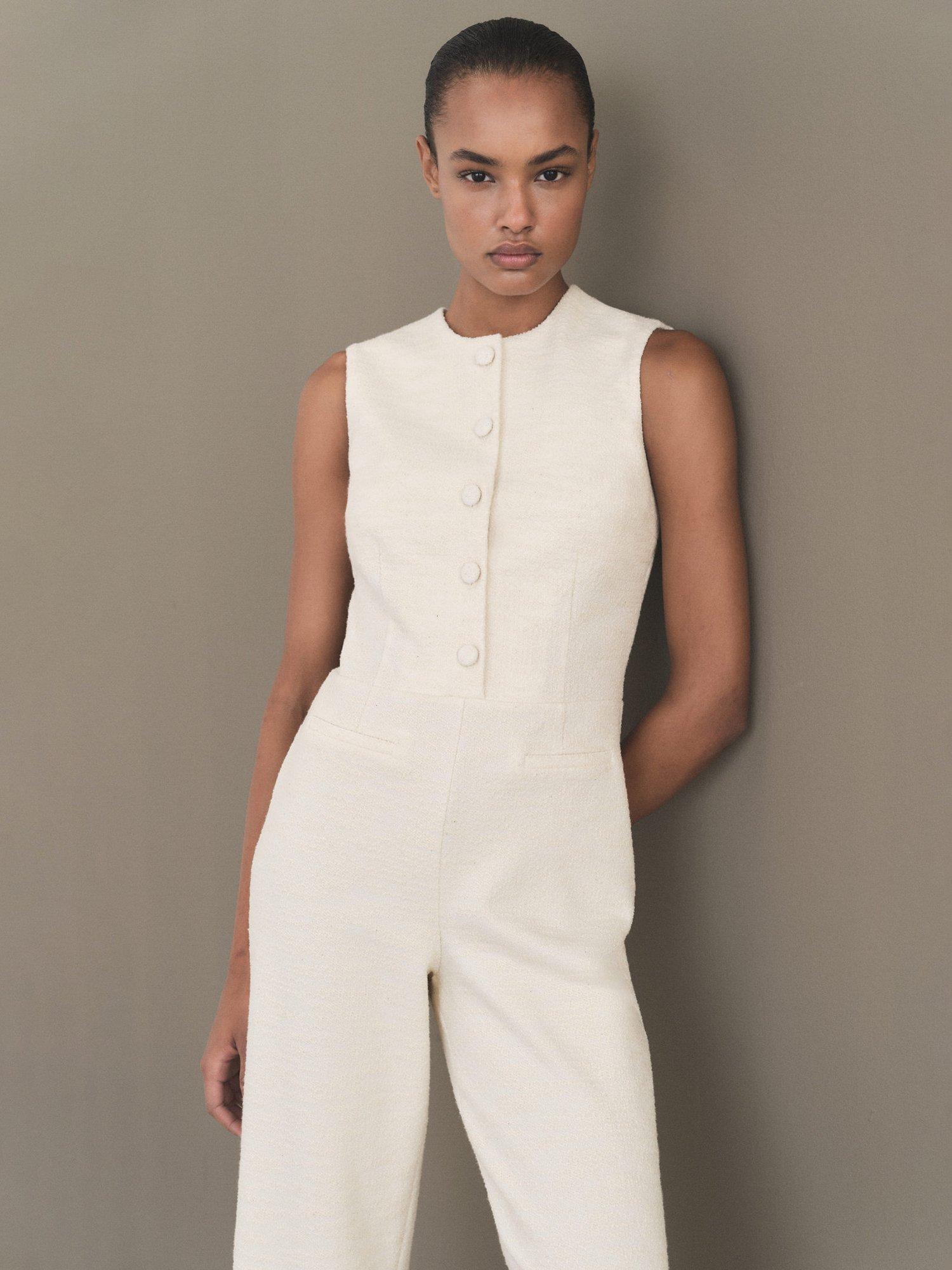 Mango Sofia Cotton Blend Sleeveless Jumpsuit, Light Beige