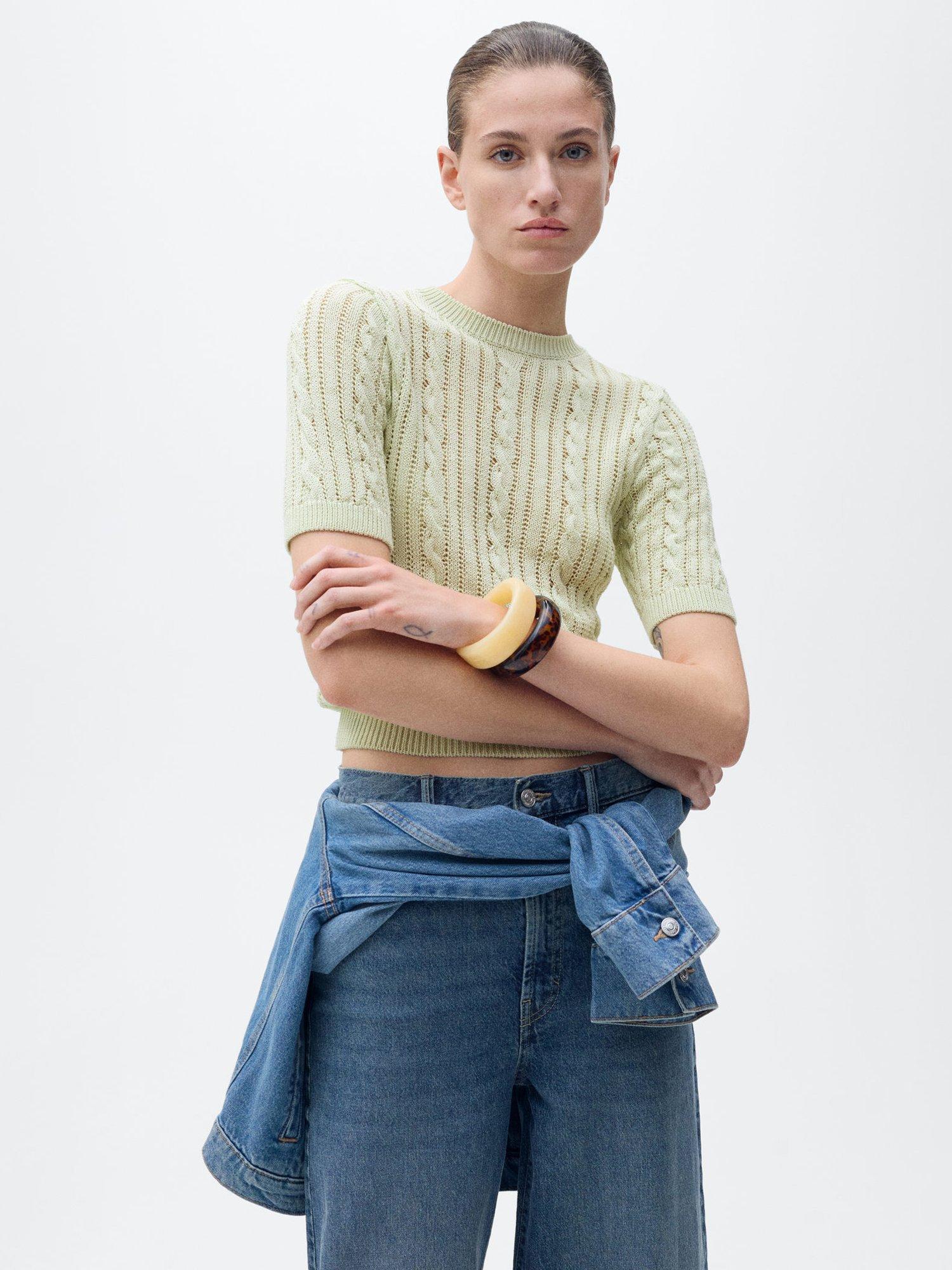 Mango Cotton Blend Knitted T-Shirt, Green