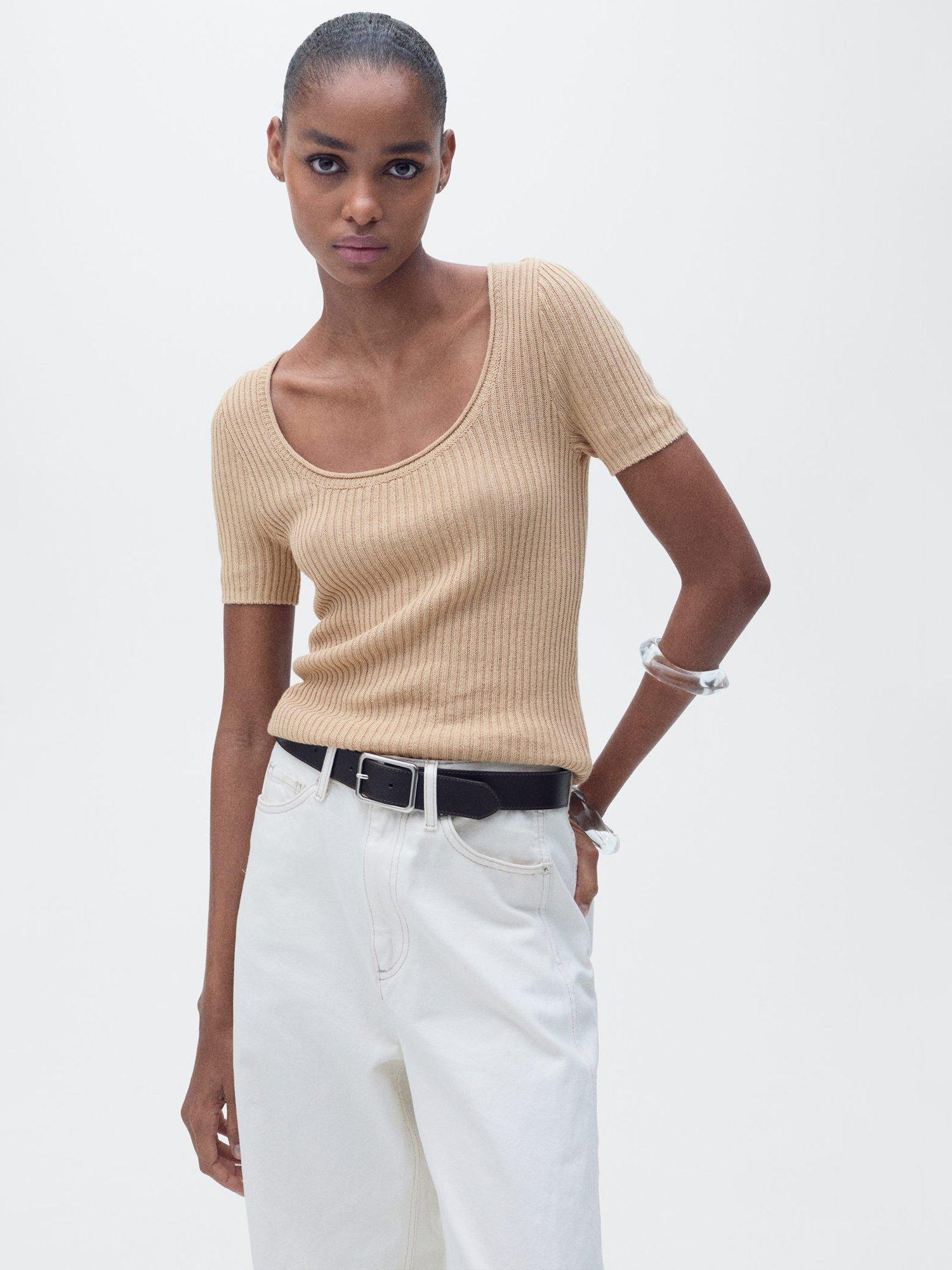 Product image 1 of 8, which shows Mango Scoop Neck Sweater, Medium Brown, XXS