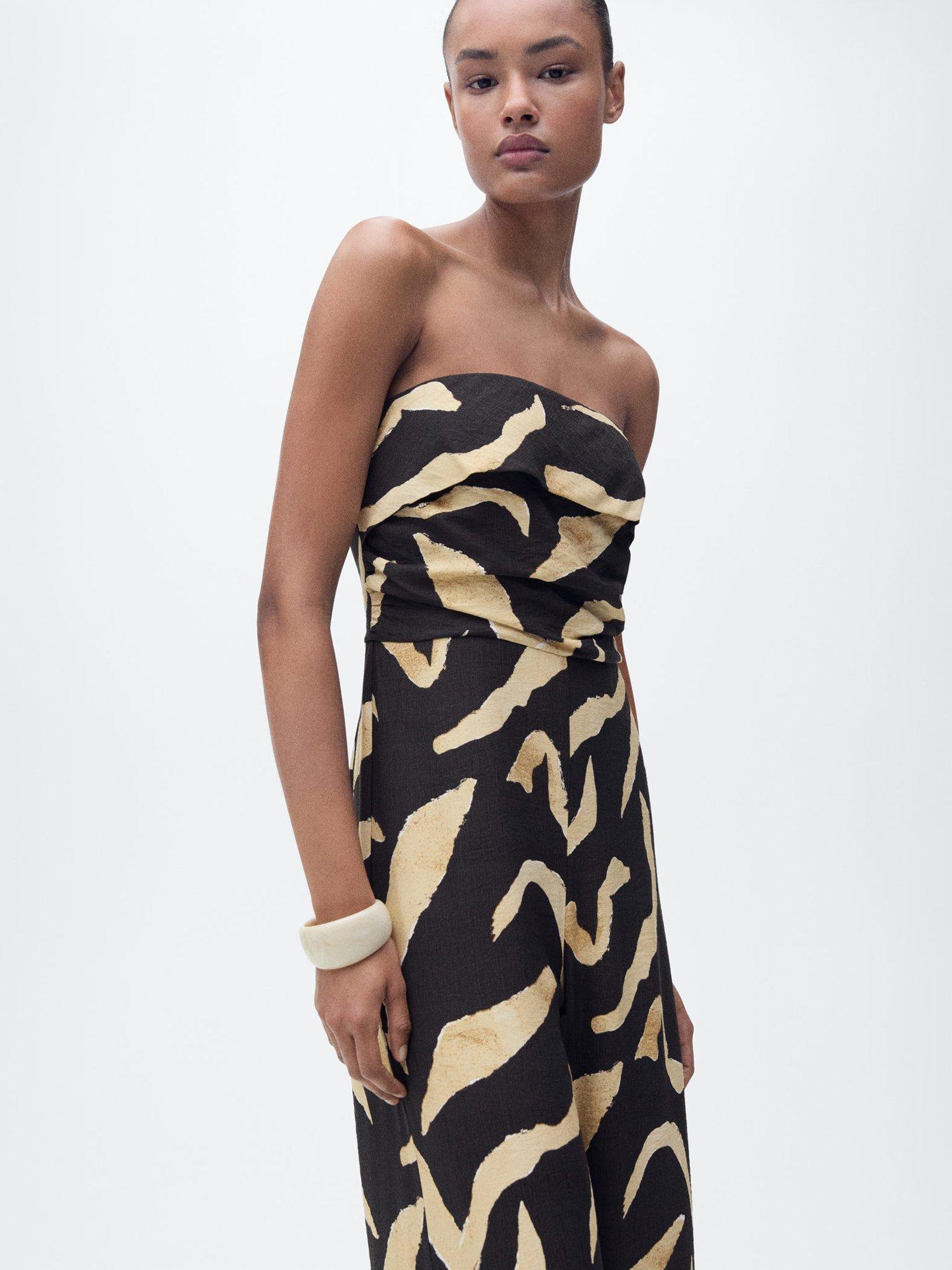 Mango Plumas Bandeau Wide Leg Abstract Playsuit, Black