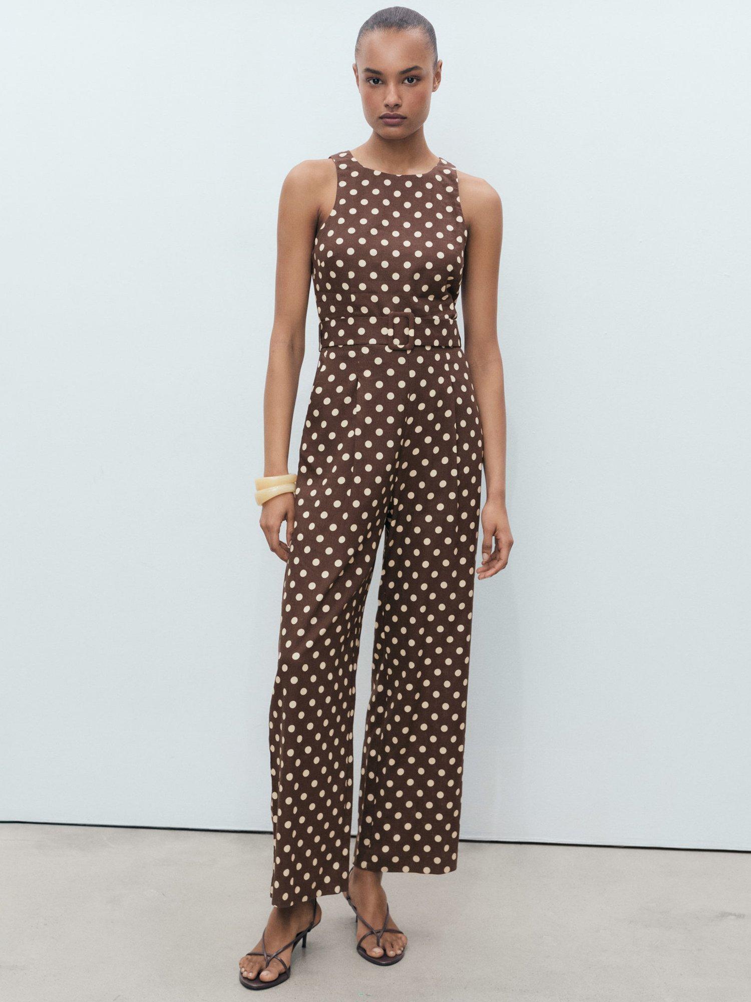 Product image 2 of 8, which shows Mango Romeo Linen Blend Spot Print Playsuit, Dark Brown, 28|30