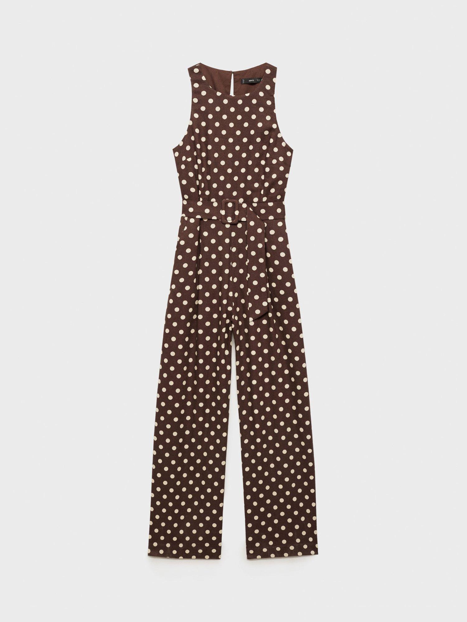 Product image 3 of 8, which shows Mango Romeo Linen Blend Spot Print Playsuit, Dark Brown, 28|30