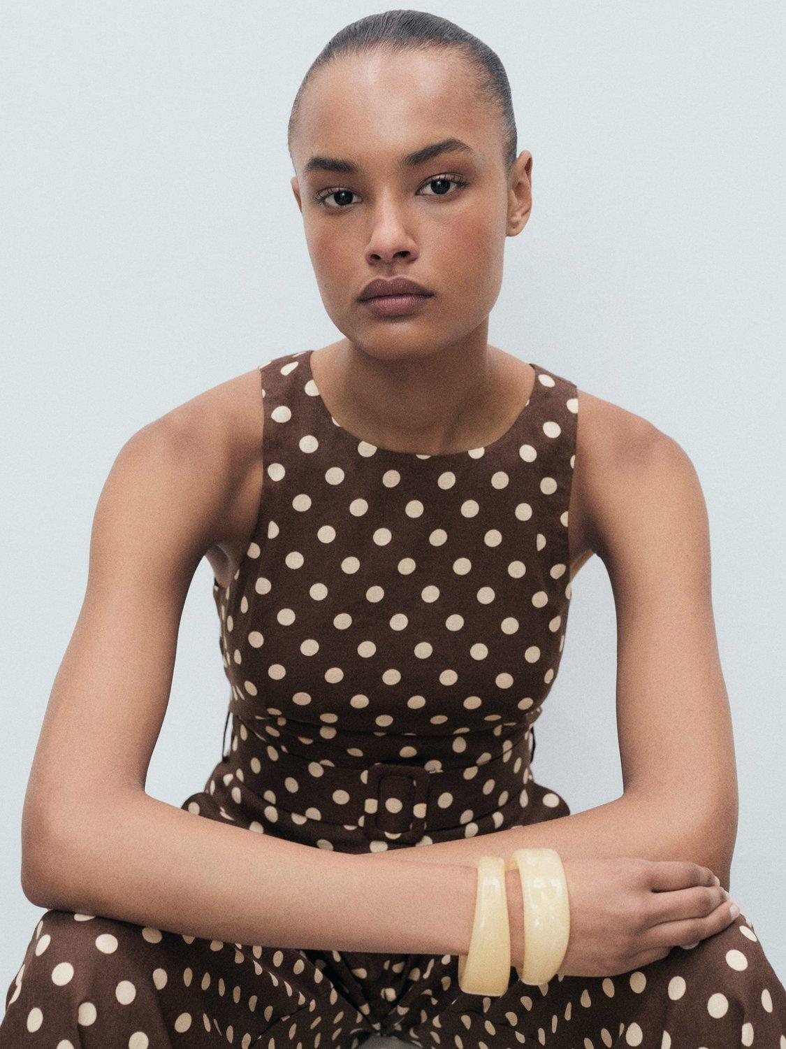 Product image 6 of 8, which shows Mango Romeo Linen Blend Spot Print Playsuit, Dark Brown, 28|30