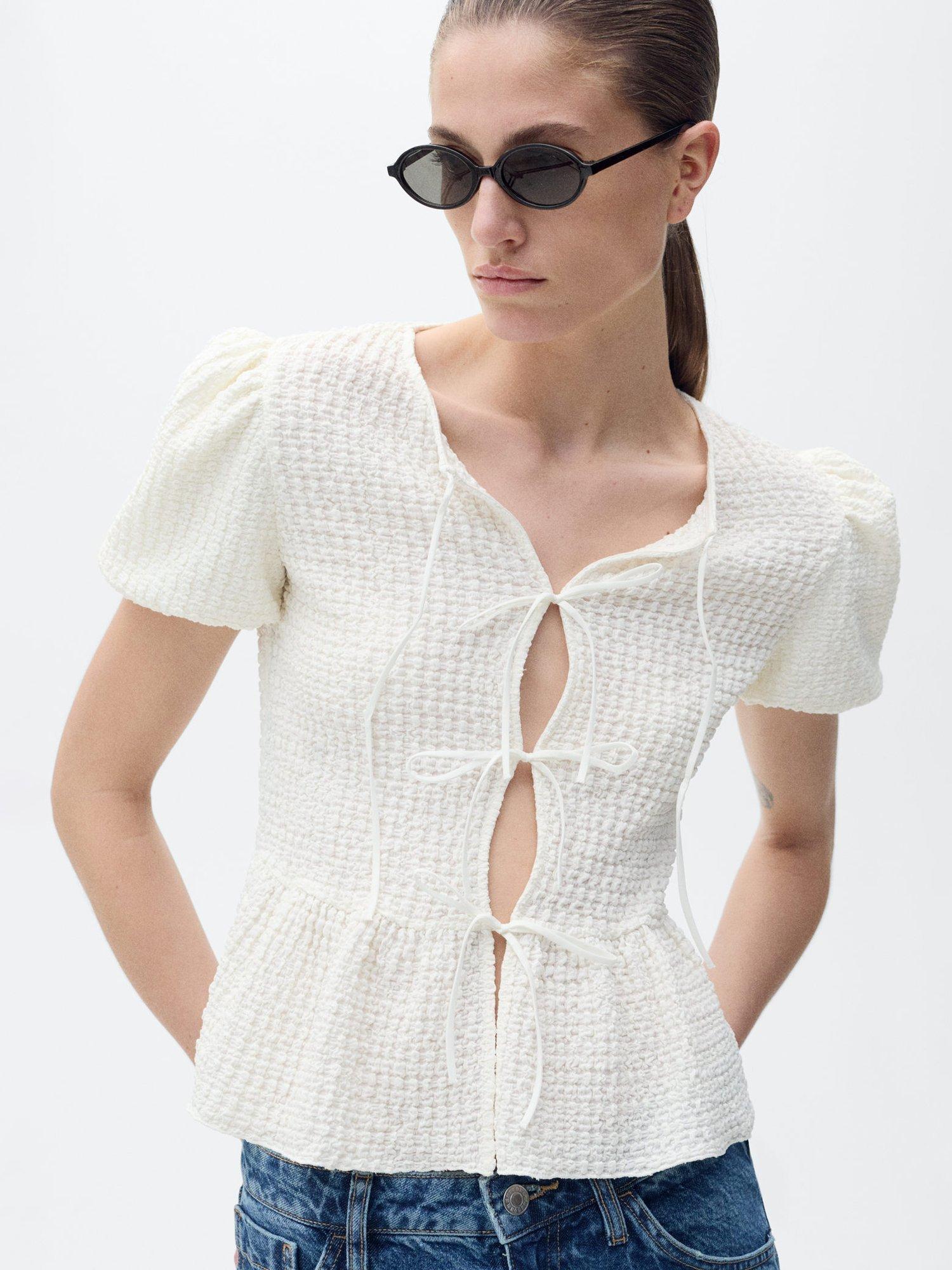 Product image 1 of 7, which shows Mango Benita Short Sleeve Blouse, Light Beige, S