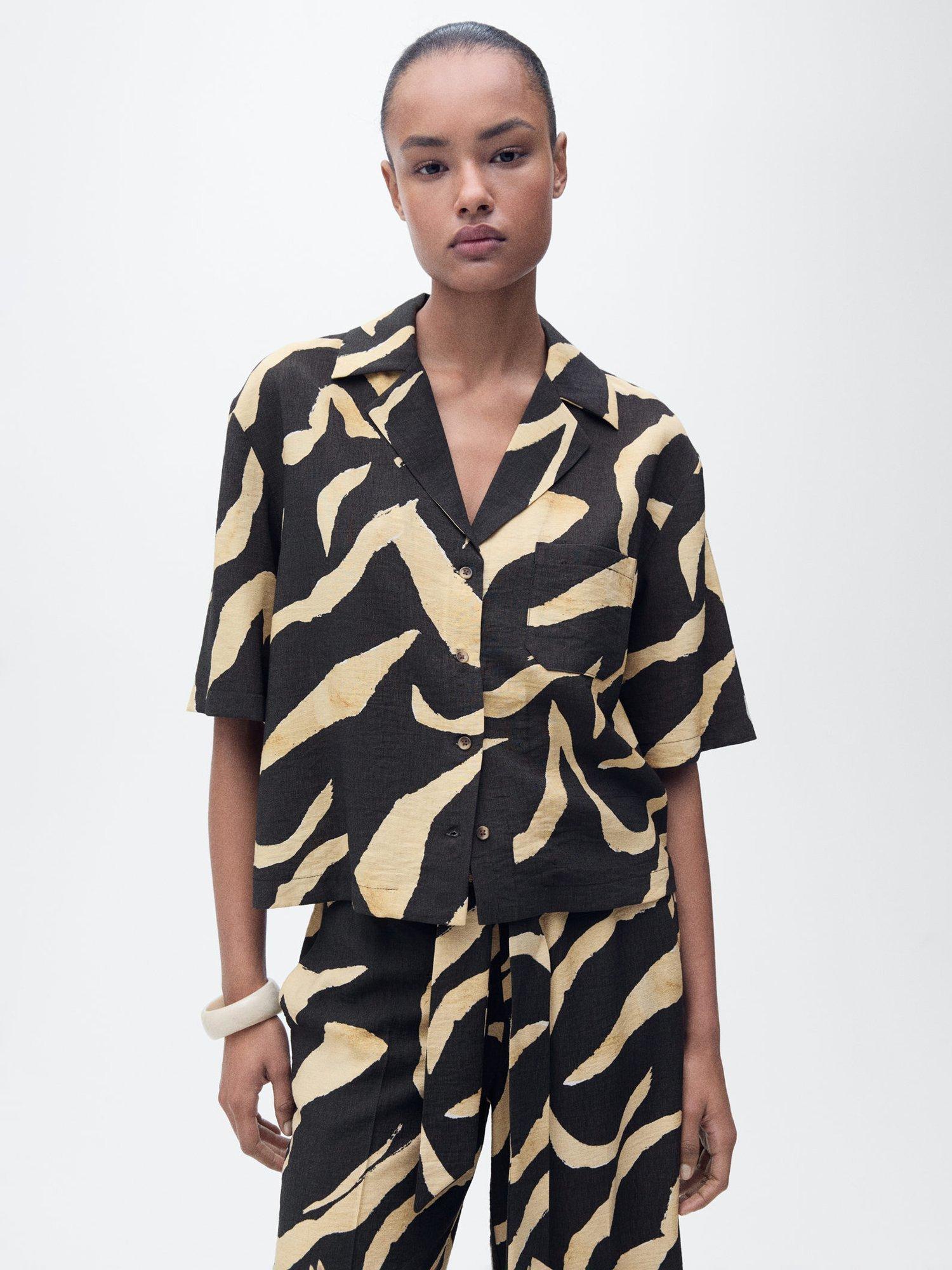 Product image 1 of 10, which shows Mango Plumas Abstract Short Sleeve Shirt, Black/Beige, 6
