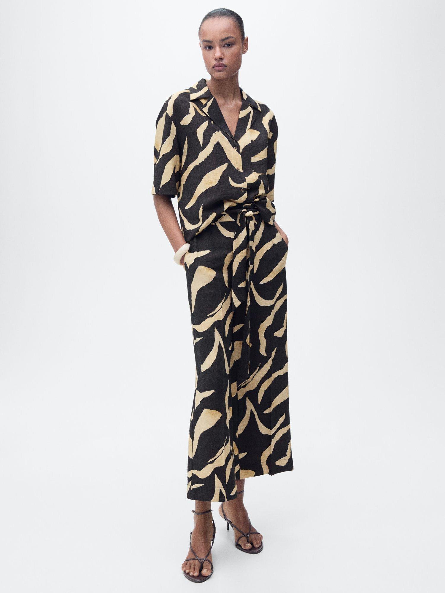 Product image 2 of 10, which shows Mango Plumas Abstract Short Sleeve Shirt, Black/Beige, 6