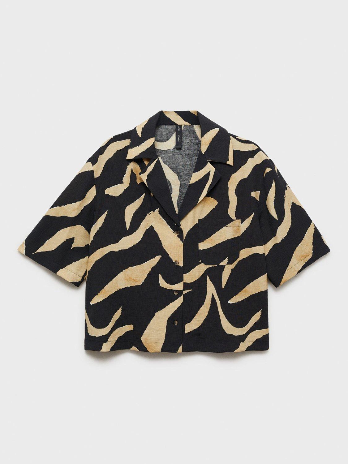 Product image 3 of 10, which shows Mango Plumas Abstract Short Sleeve Shirt, Black/Beige, 6