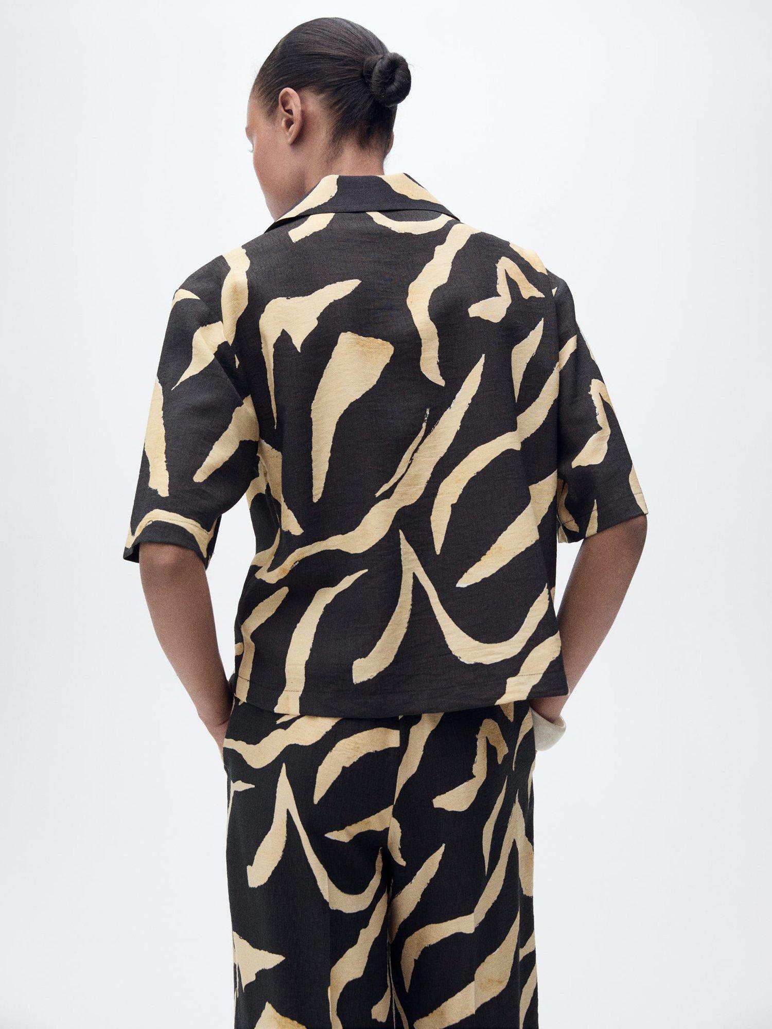 Product image 4 of 10, which shows Mango Plumas Abstract Short Sleeve Shirt, Black/Beige, 6