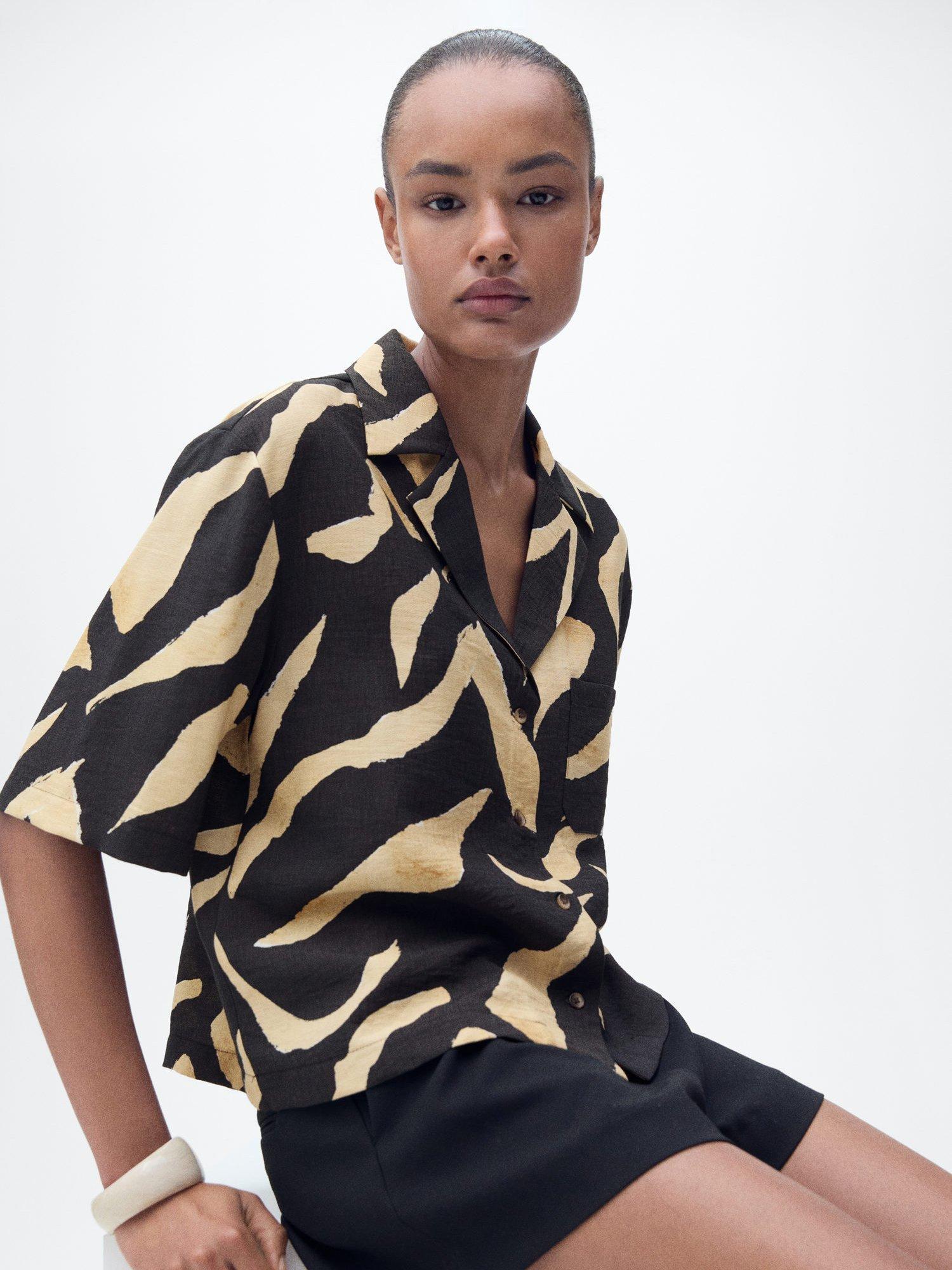 Product image 7 of 10, which shows Mango Plumas Abstract Short Sleeve Shirt, Black/Beige, 6