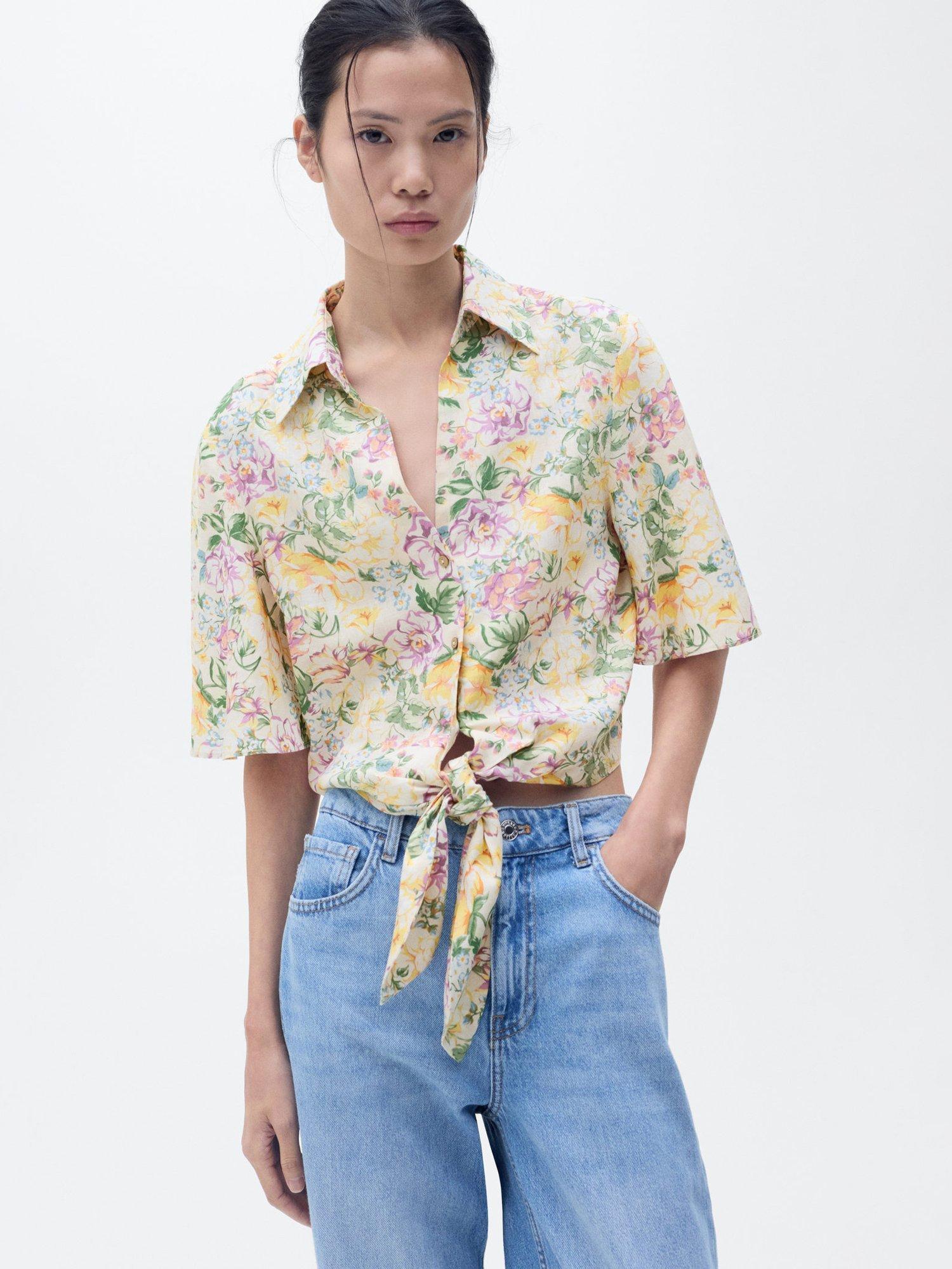 Product image 1 of 9, which shows Mango Linen Blend Tie Front Floral Print Shirt, Light Beige, 10
