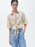 Mango Linen Blend Tie Front Floral Print Shirt, Light Beige