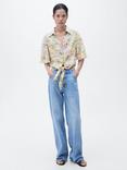 Mango Linen Blend Tie Front Floral Print Shirt, Light Beige