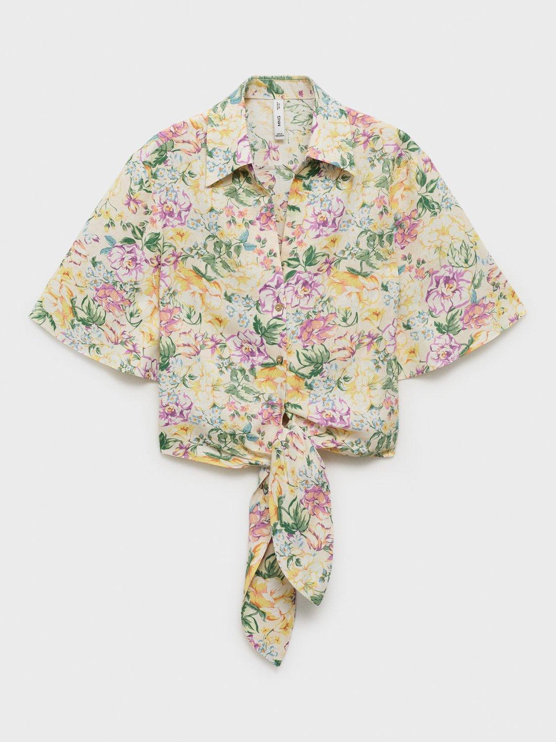 Product image 3 of 9, which shows Mango Linen Blend Tie Front Floral Print Shirt, Light Beige, 10