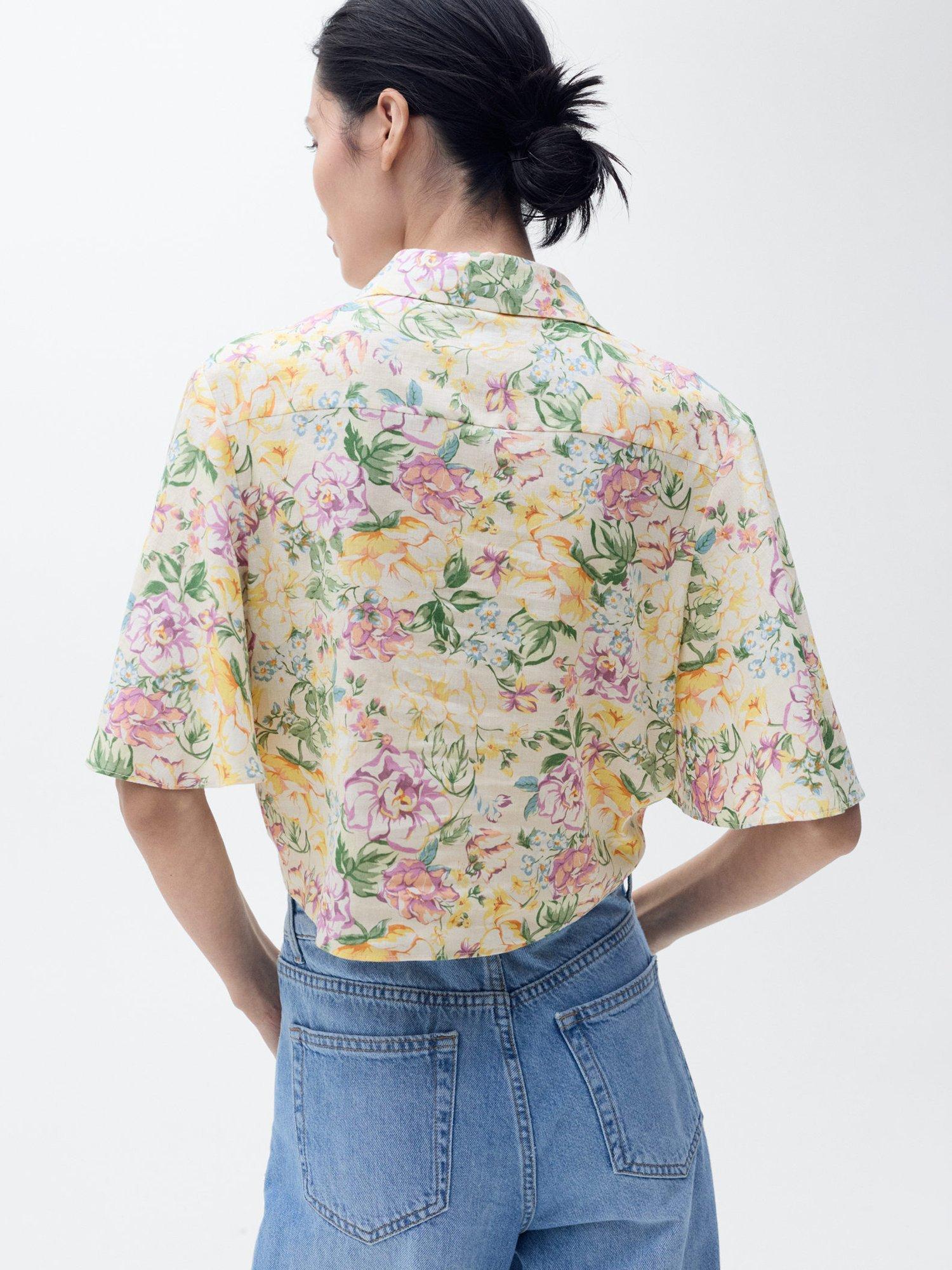 Product image 4 of 9, which shows Mango Linen Blend Tie Front Floral Print Shirt, Light Beige, 10