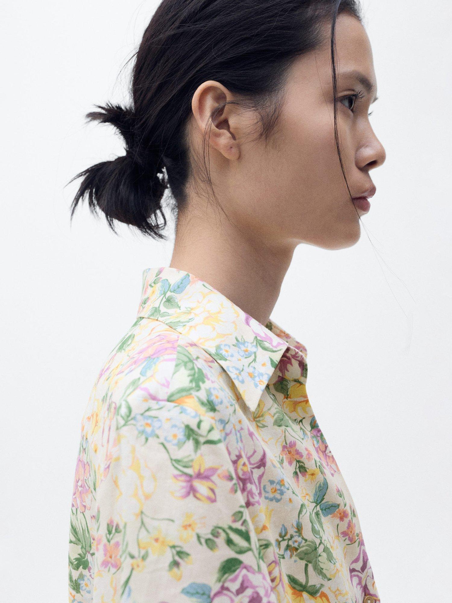 Product image 6 of 9, which shows Mango Linen Blend Tie Front Floral Print Shirt, Light Beige, 10