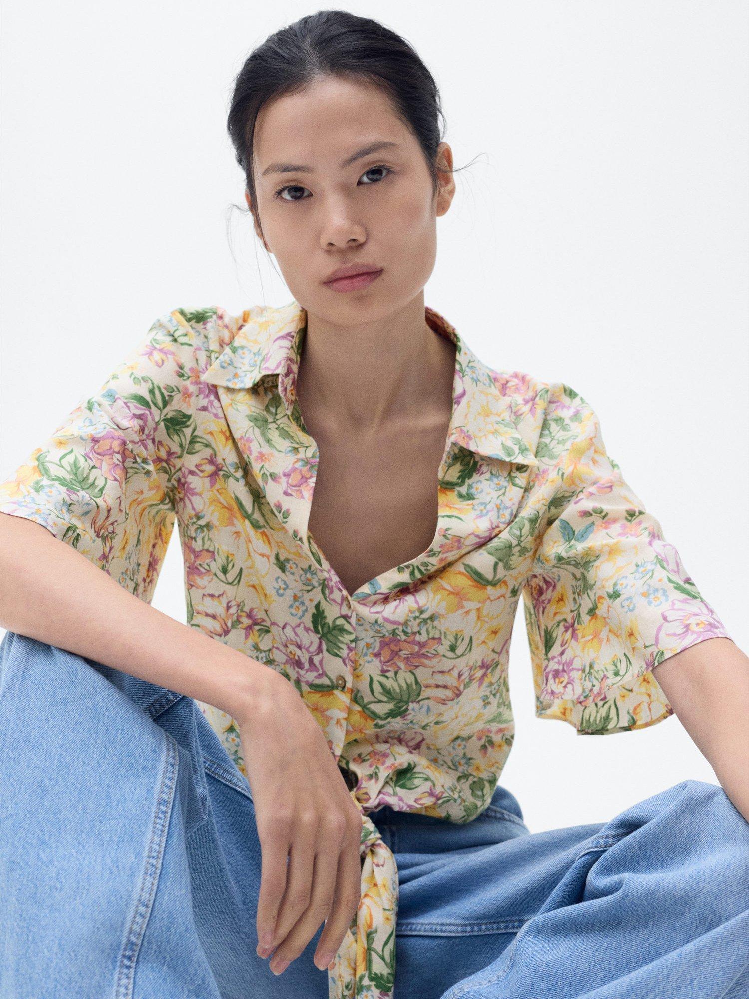 Product image 7 of 9, which shows Mango Linen Blend Tie Front Floral Print Shirt, Light Beige, 10