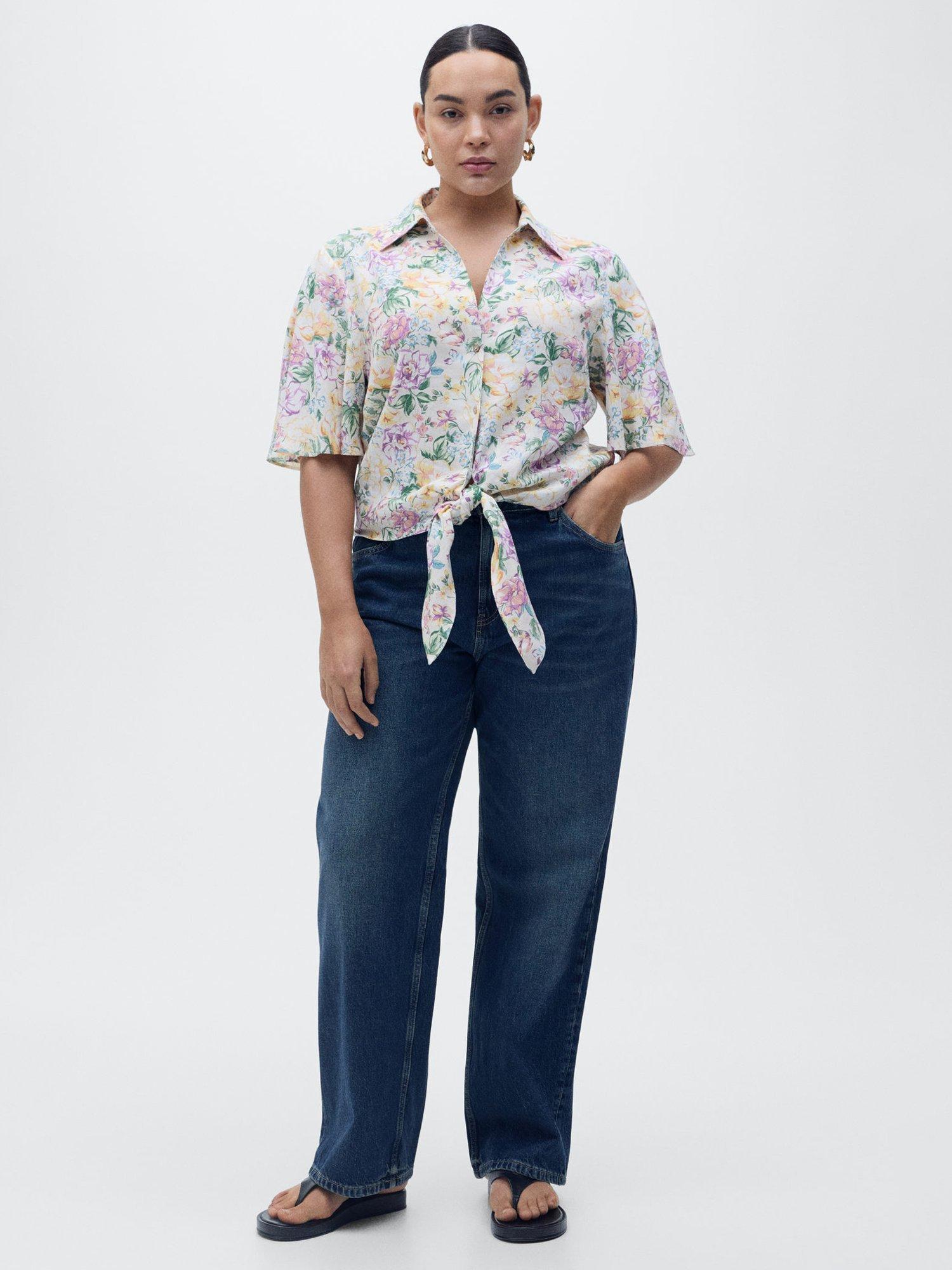 Product image 8 of 9, which shows Mango Linen Blend Tie Front Floral Print Shirt, Light Beige, 10