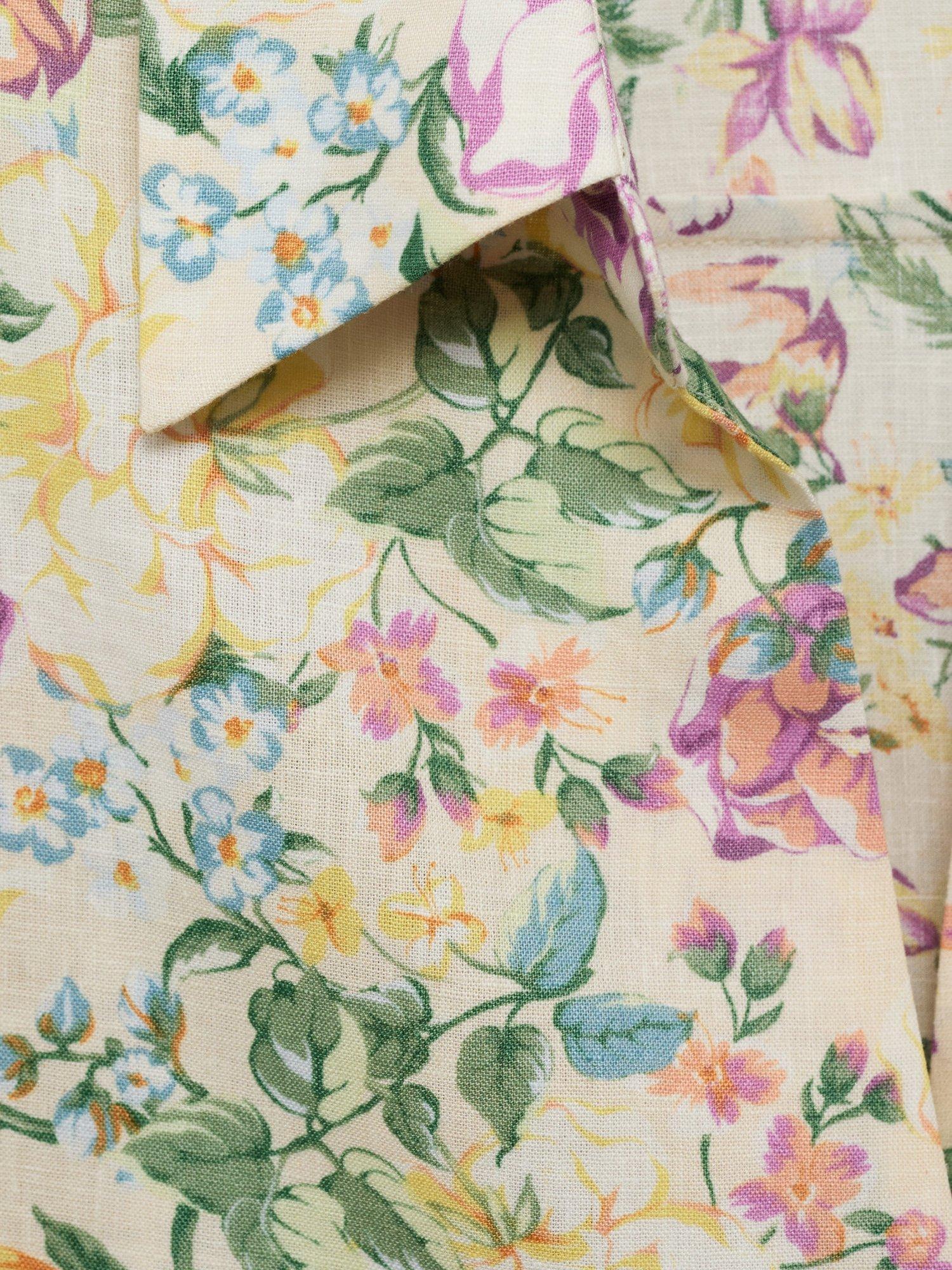Product image 9 of 9, which shows Mango Linen Blend Tie Front Floral Print Shirt, Light Beige, 10