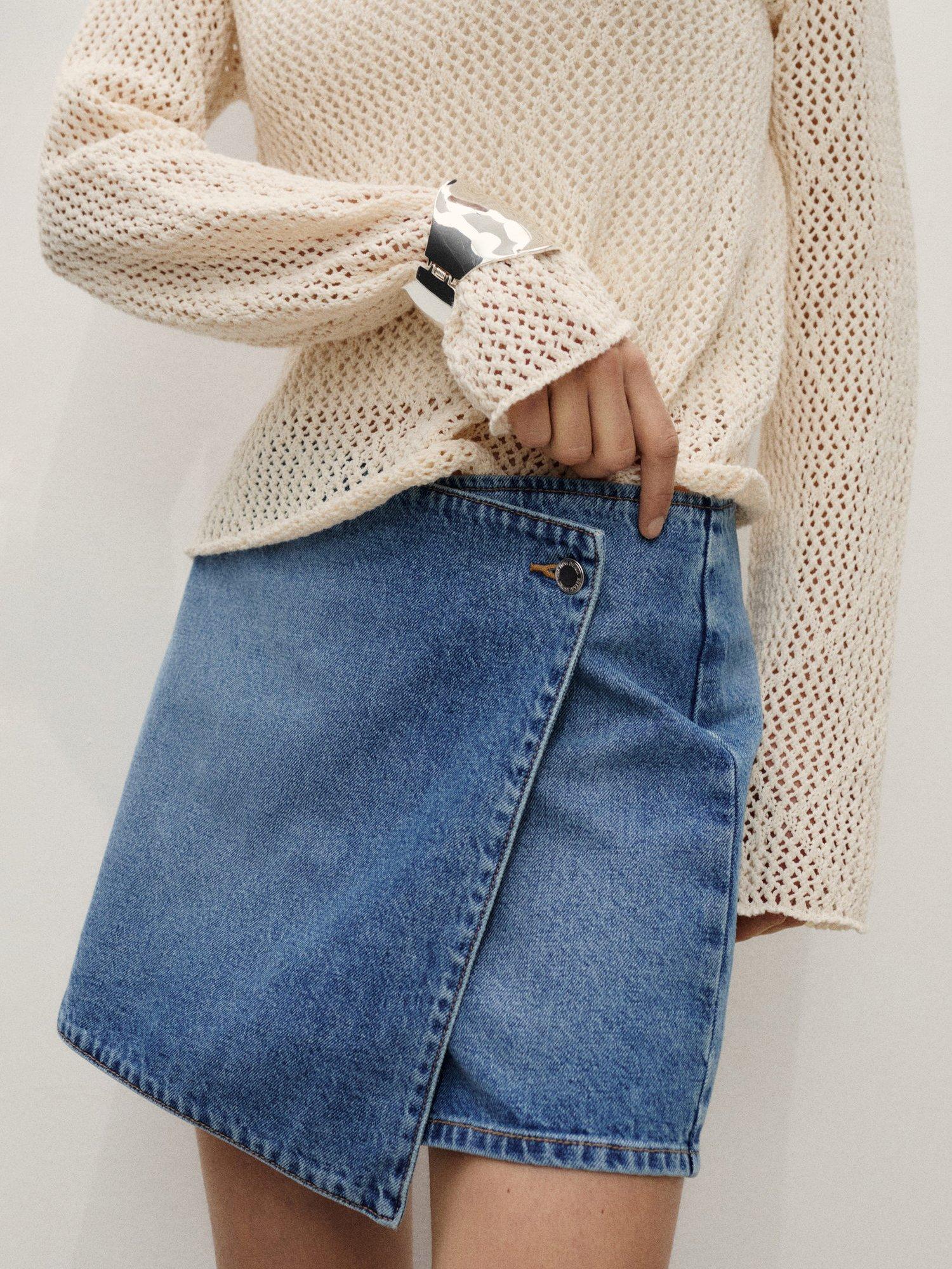 Product image 1 of 7, which shows Mango Wrapped Cotton Denim Skort, Mid Blue, L