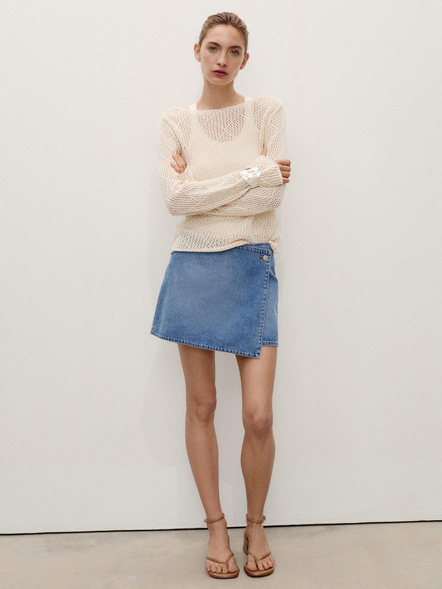 Product image 2 of 7, which shows Mango Wrapped Cotton Denim Skort, Mid Blue, L