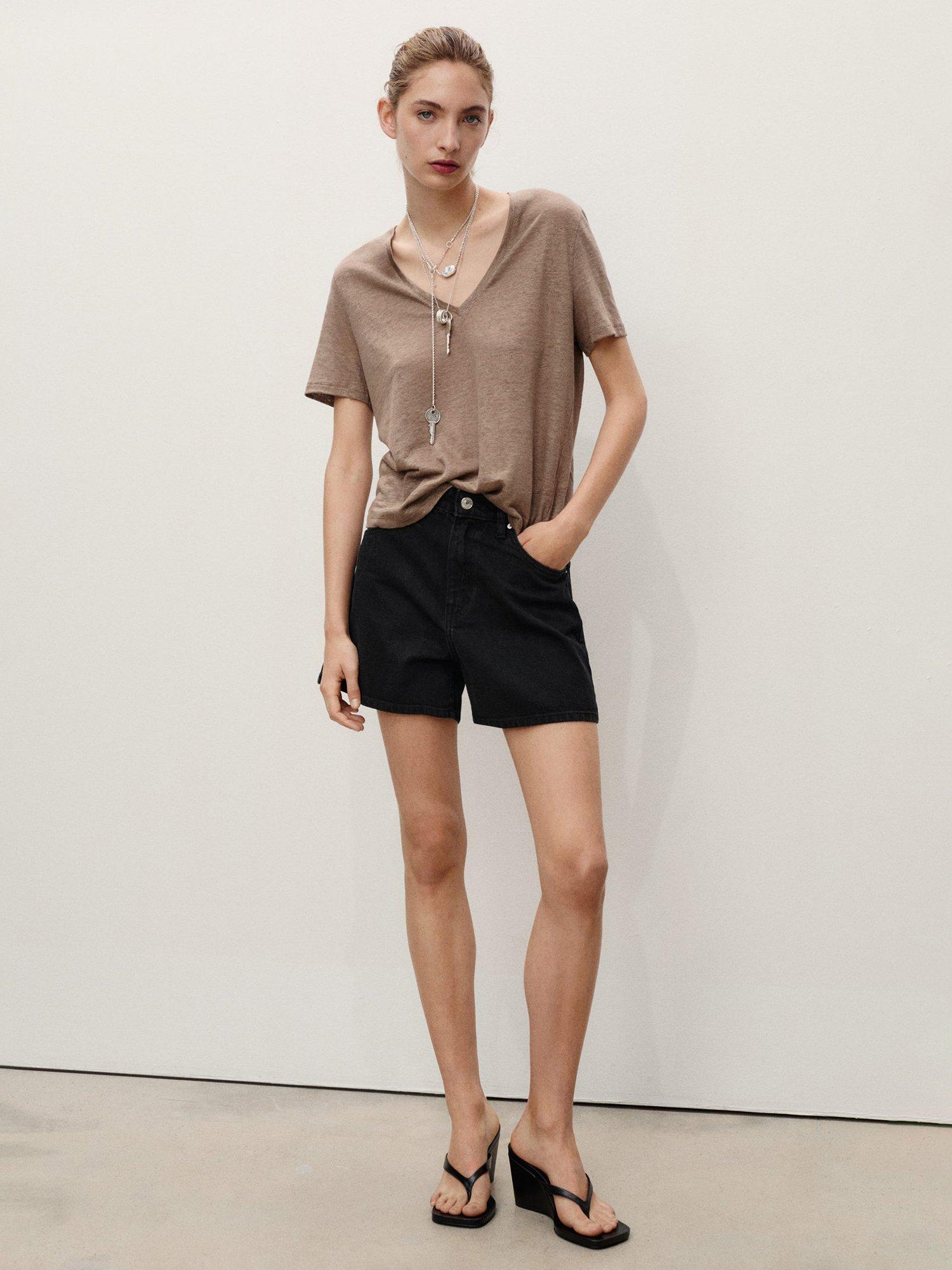 Product image 2 of 7, which shows Mango Zoey High-Rise Cotton Denim Shorts, Black, 10