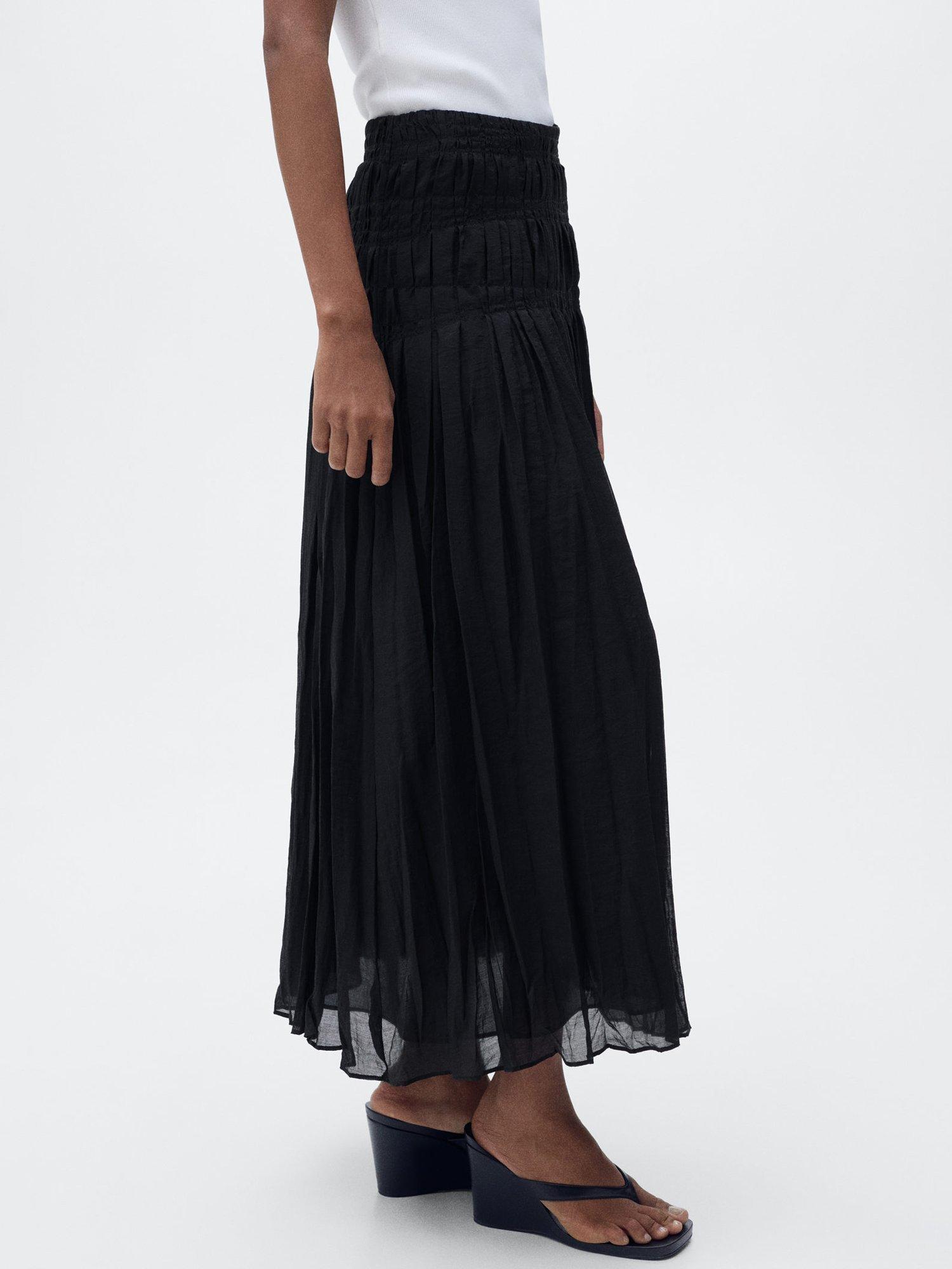 Product image 1 of 6, which shows Mango Himalaya Gathered Mixed Blend Midi Skirt, Black, 10