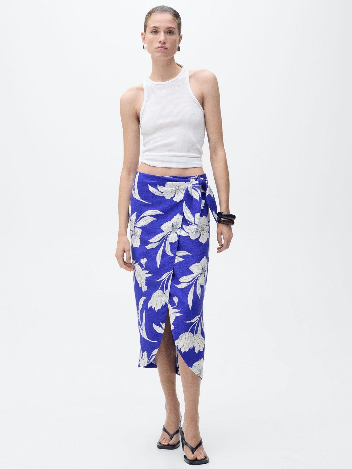 Product image 2 of 8, which shows Mango Pareo Floral Print Wrap Midi Skirt, Medium Blue, XXXL