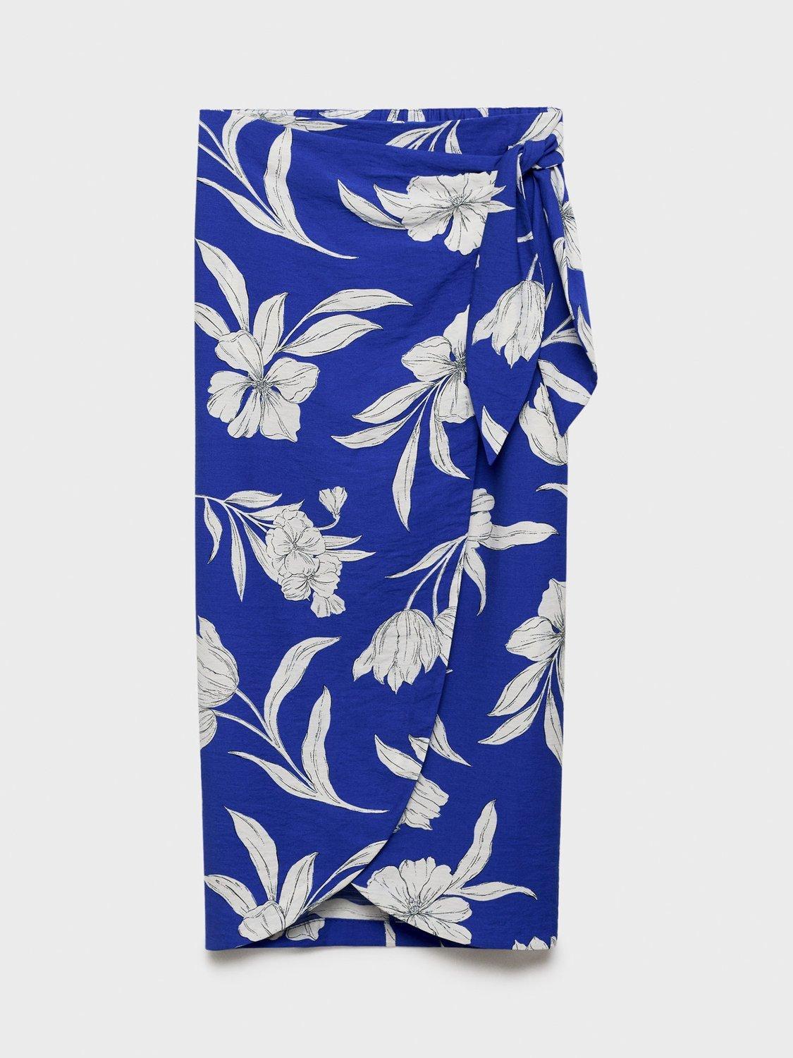 Product image 3 of 8, which shows Mango Pareo Floral Print Wrap Midi Skirt, Medium Blue, XXXL
